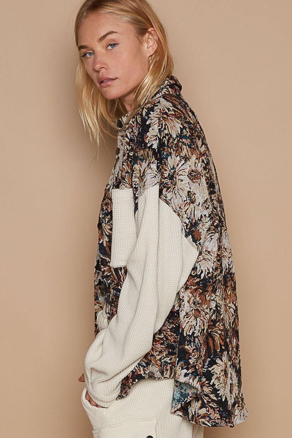 POL Contrast Sleeves Button Down Floral Jacquard Shirt - Clothes For Her Online Store