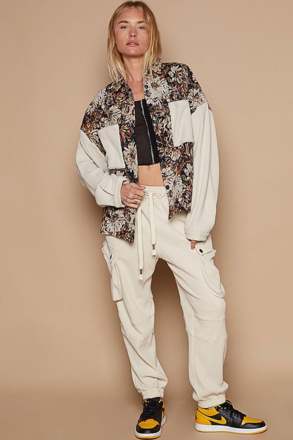 POL Contrast Sleeves Button Down Floral Jacquard Shirt - Clothes For Her Online Store