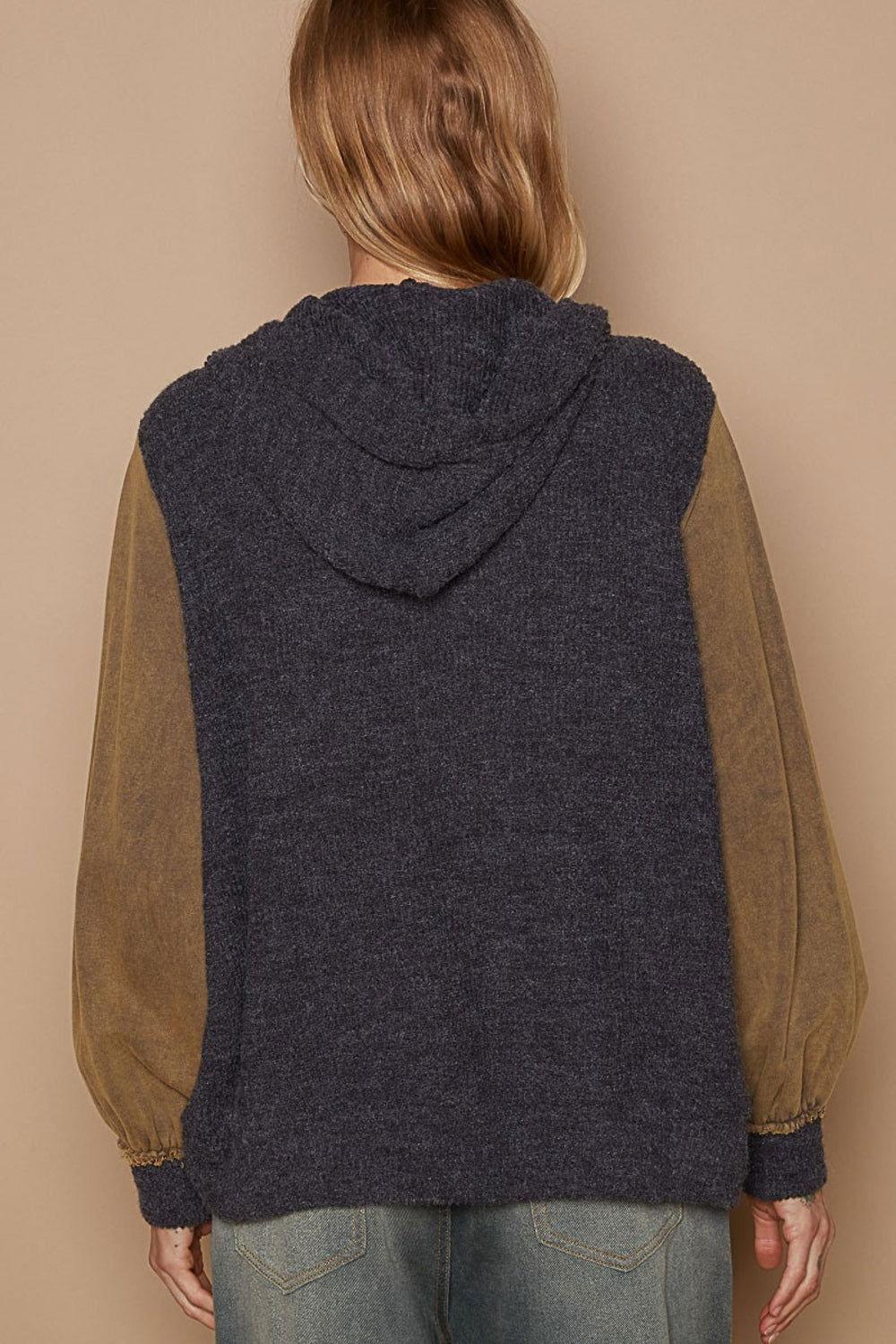 POL Contrast Square Patch Pattern Hooded Zipper Jacket - Clothes For Her Online Store