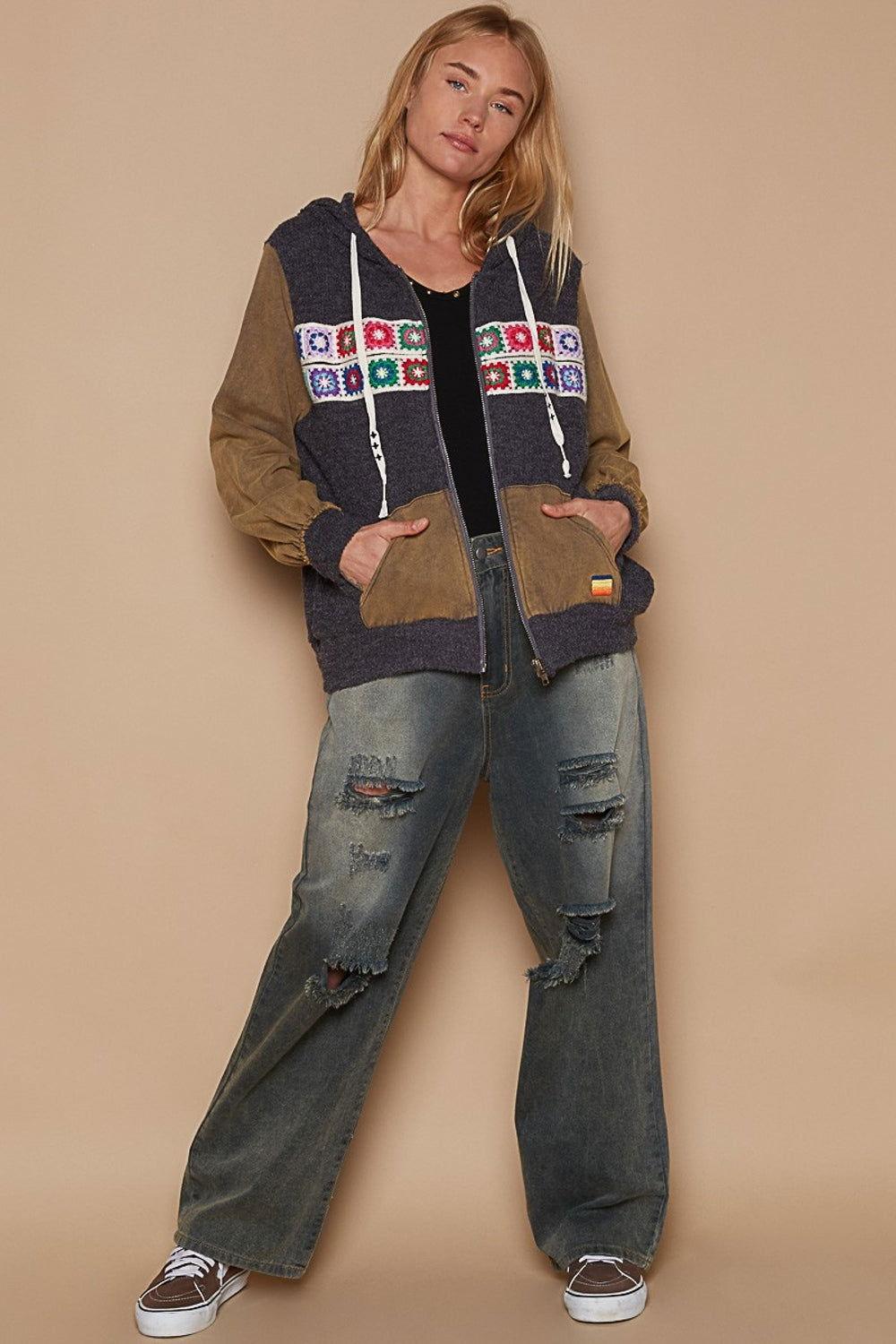 POL Contrast Square Patch Pattern Hooded Zipper Jacket - Clothes For Her Online Store