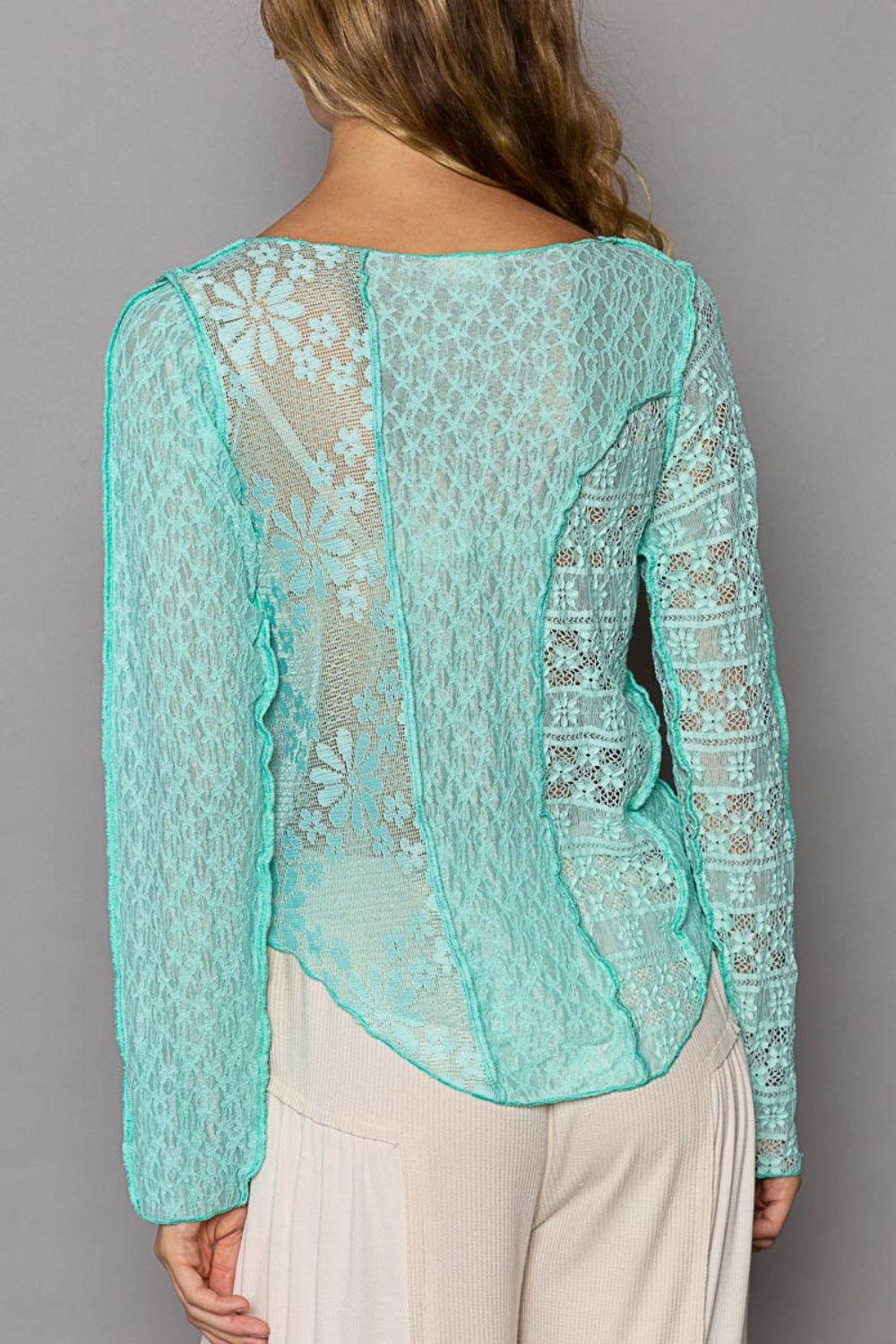 POL Exposed Seam Long Sleeve Lace Knit Top - Clothes For Her Online Store