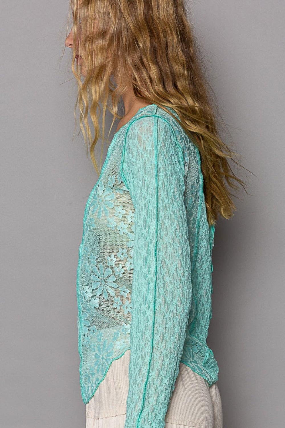 POL Exposed Seam Long Sleeve Lace Knit Top - Clothes For Her Online Store