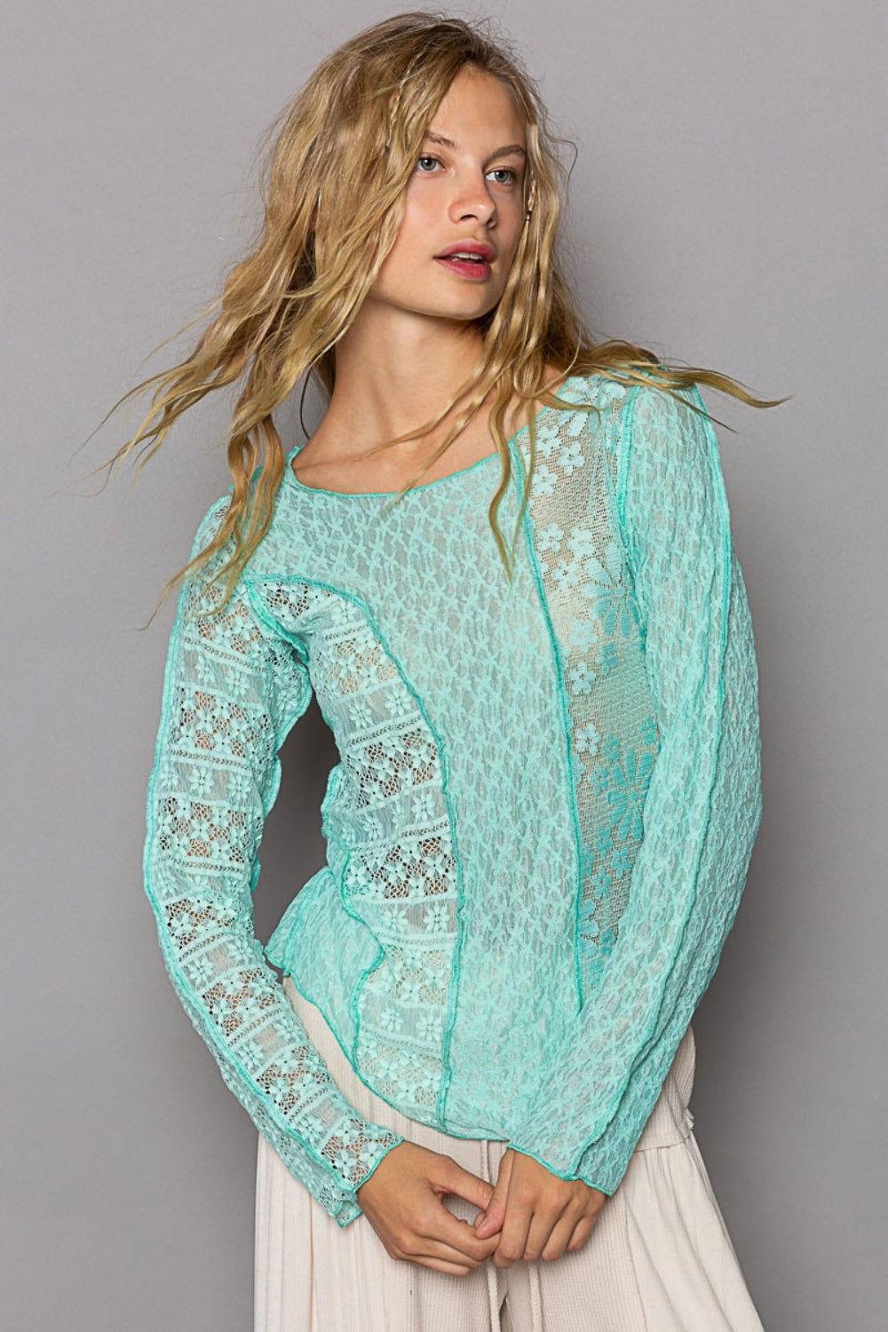 POL Exposed Seam Long Sleeve Lace Knit Top - Clothes For Her Online Store