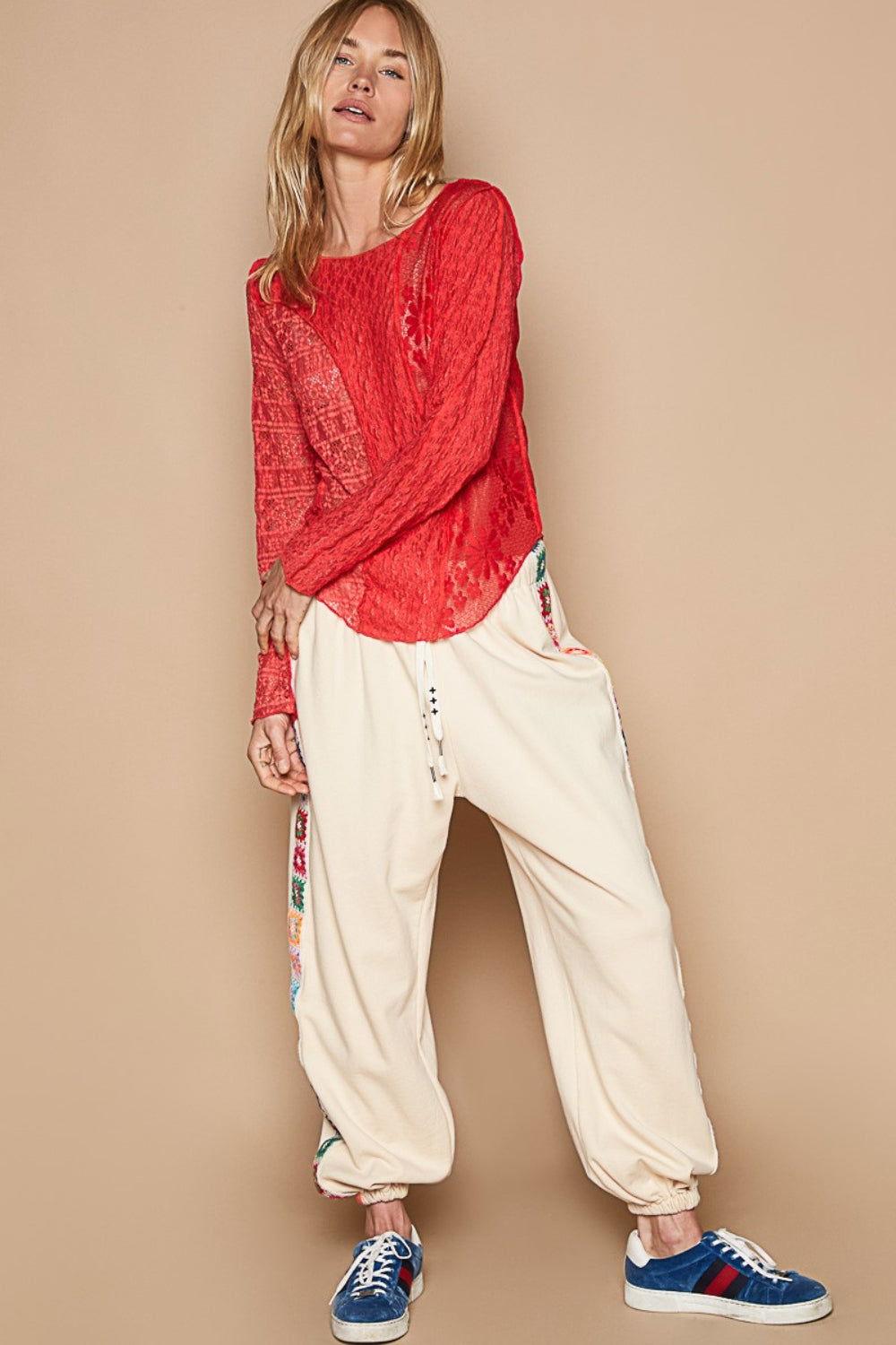 POL Exposed Seam Long Sleeve Lace Knit Top - Clothes For Her Online Store