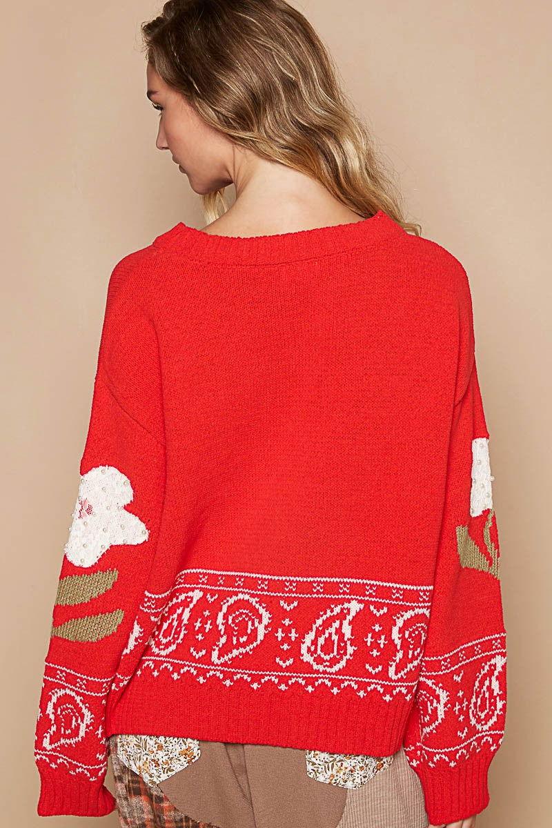 POL Flower Lace Patch Long Sleeve Sweater - Clothes For Her Online Store