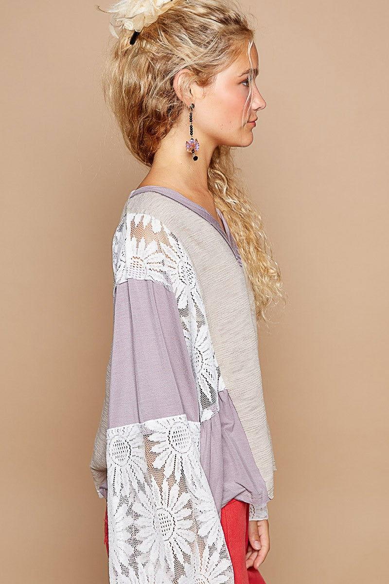 POL Lace Detail V-Neck Flare Sleeve Blouse - Clothes For Her Online Store