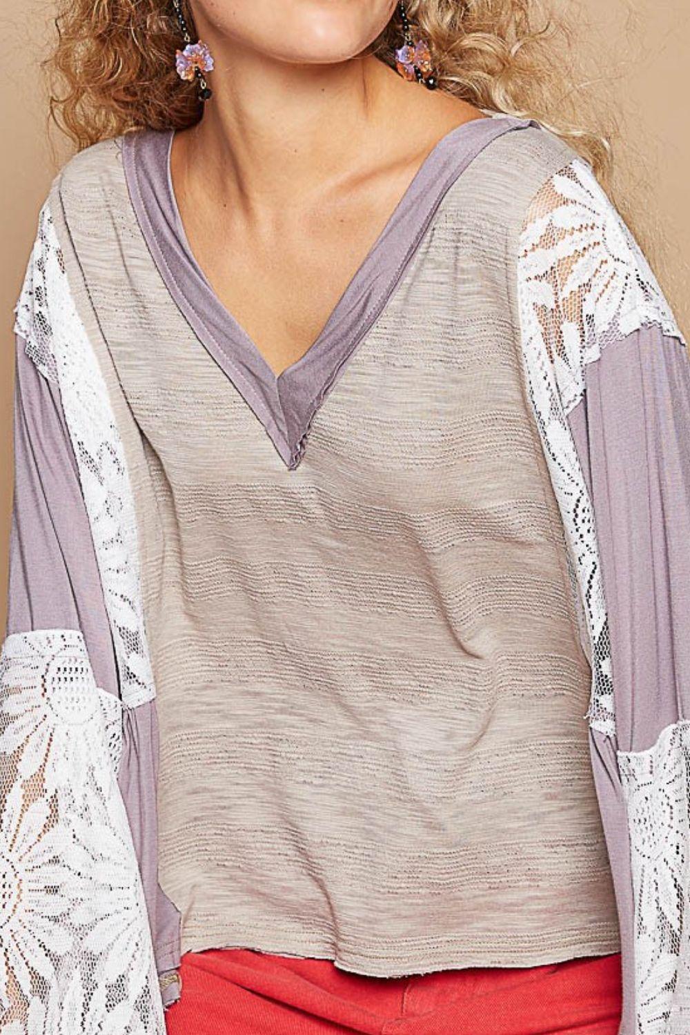 POL Lace Detail V-Neck Flare Sleeve Blouse - Clothes For Her Online Store