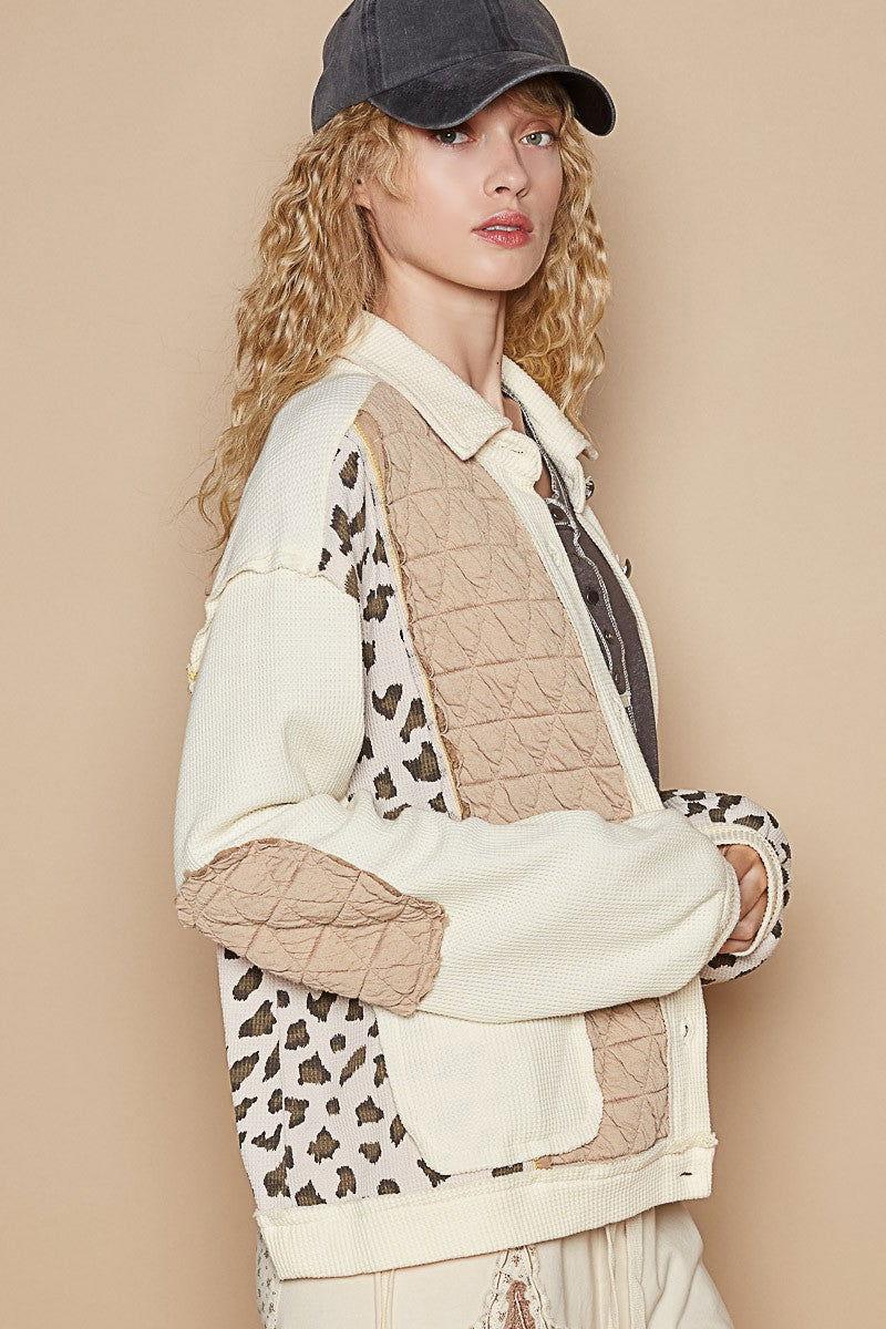 POL Leopard Exposed Seam Button Up Quilted Jacket - Clothes For Her Online Store