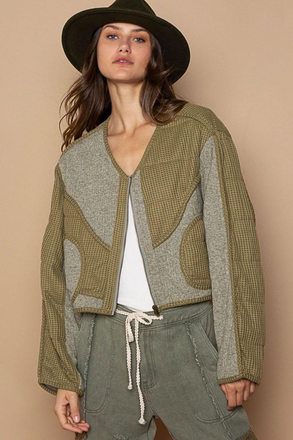 POL Quilted Knit Viding Detail Knit Patch Jacket - Clothes For Her Online Store