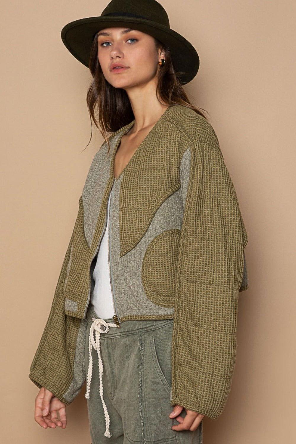 POL Quilted Knit Viding Detail Knit Patch Jacket - Clothes For Her Online Store
