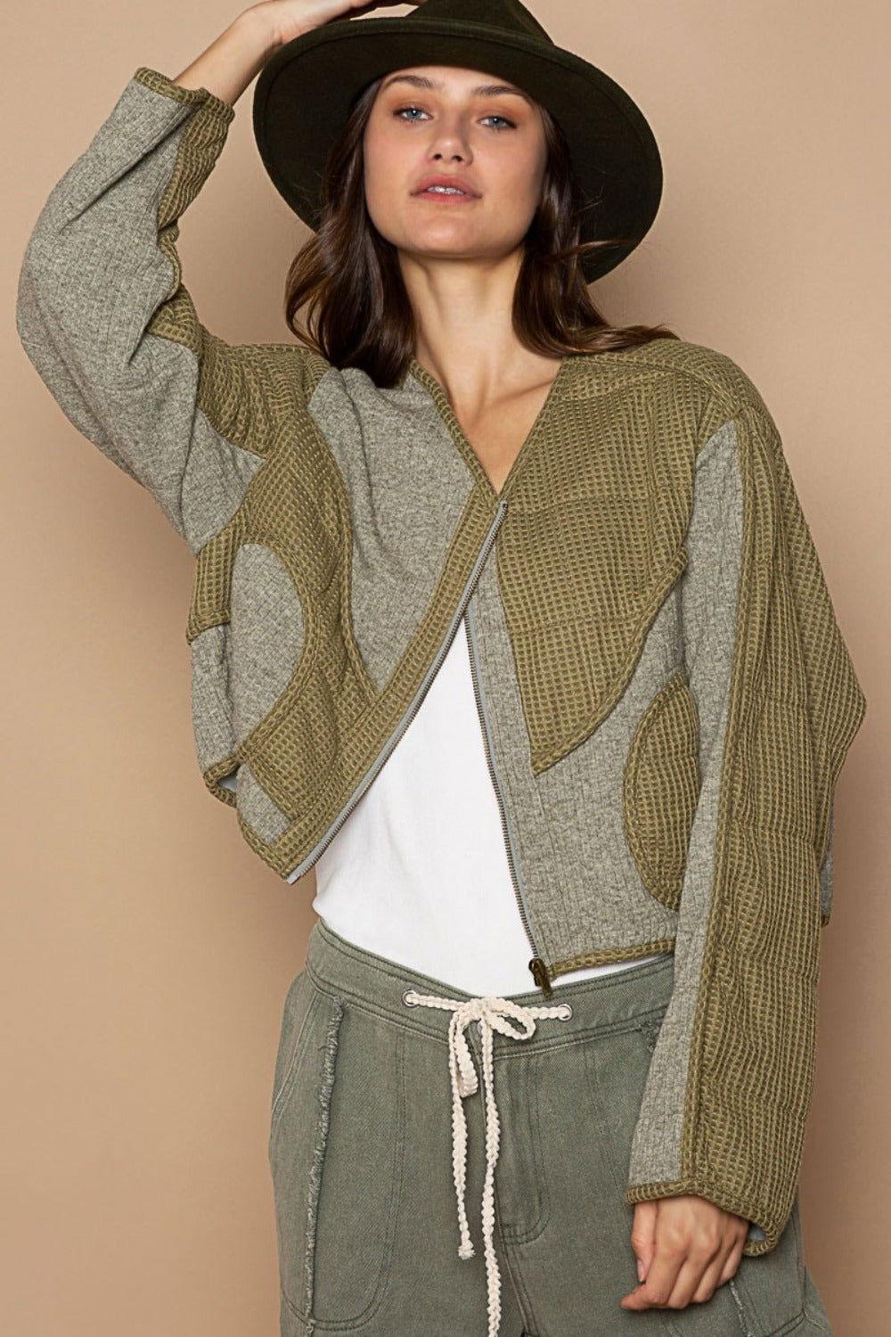 POL Quilted Knit Viding Detail Knit Patch Jacket - Clothes For Her Online Store