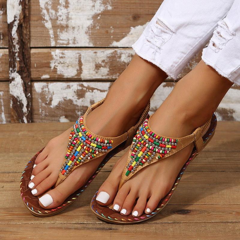 PU Leather Beaded Flat Sandals - Clothes For Her Online Store