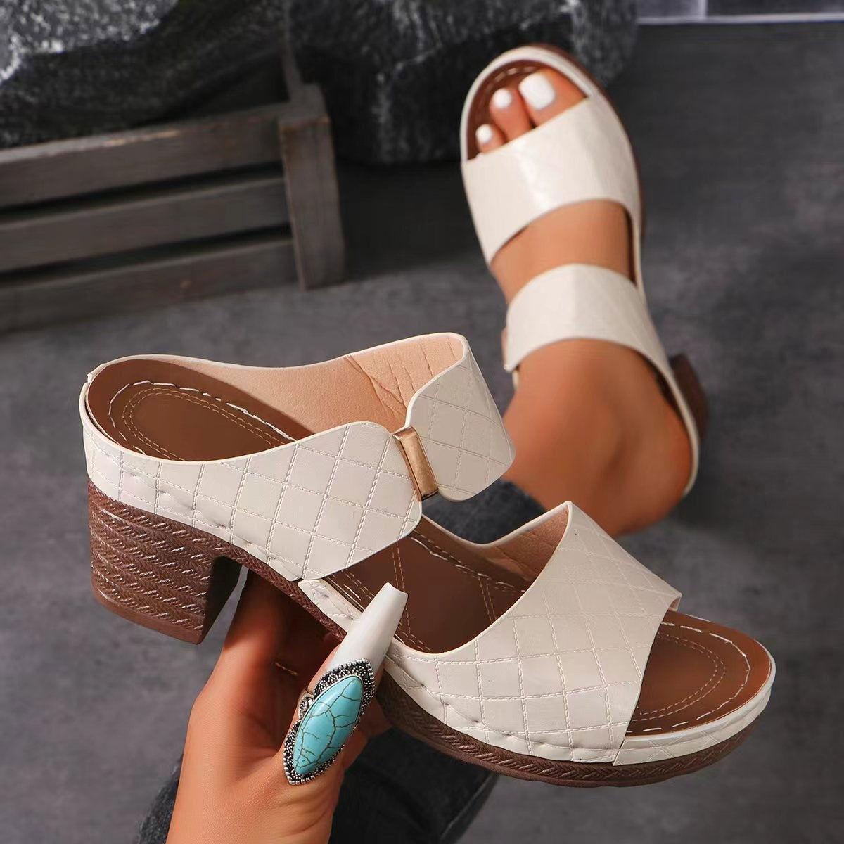 PU Leather Block Heel Sandals - Clothes For Her Online Store