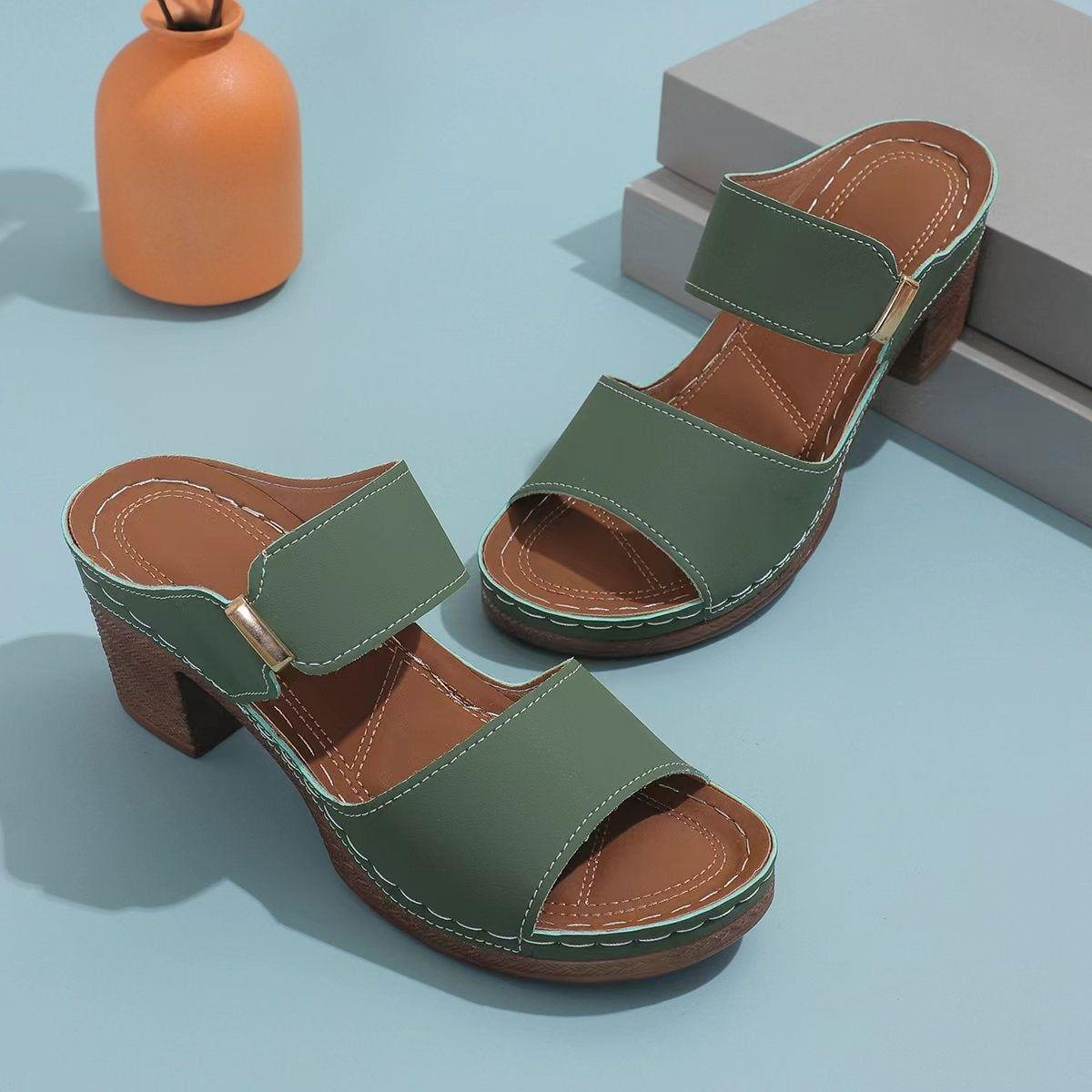 PU Leather Block Heel Sandals - Clothes For Her Online Store