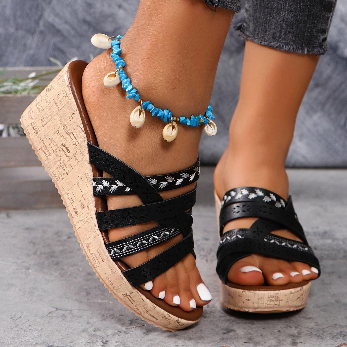 PU Leather Crisscross Wedge Sandals - Clothes For Her Online Store