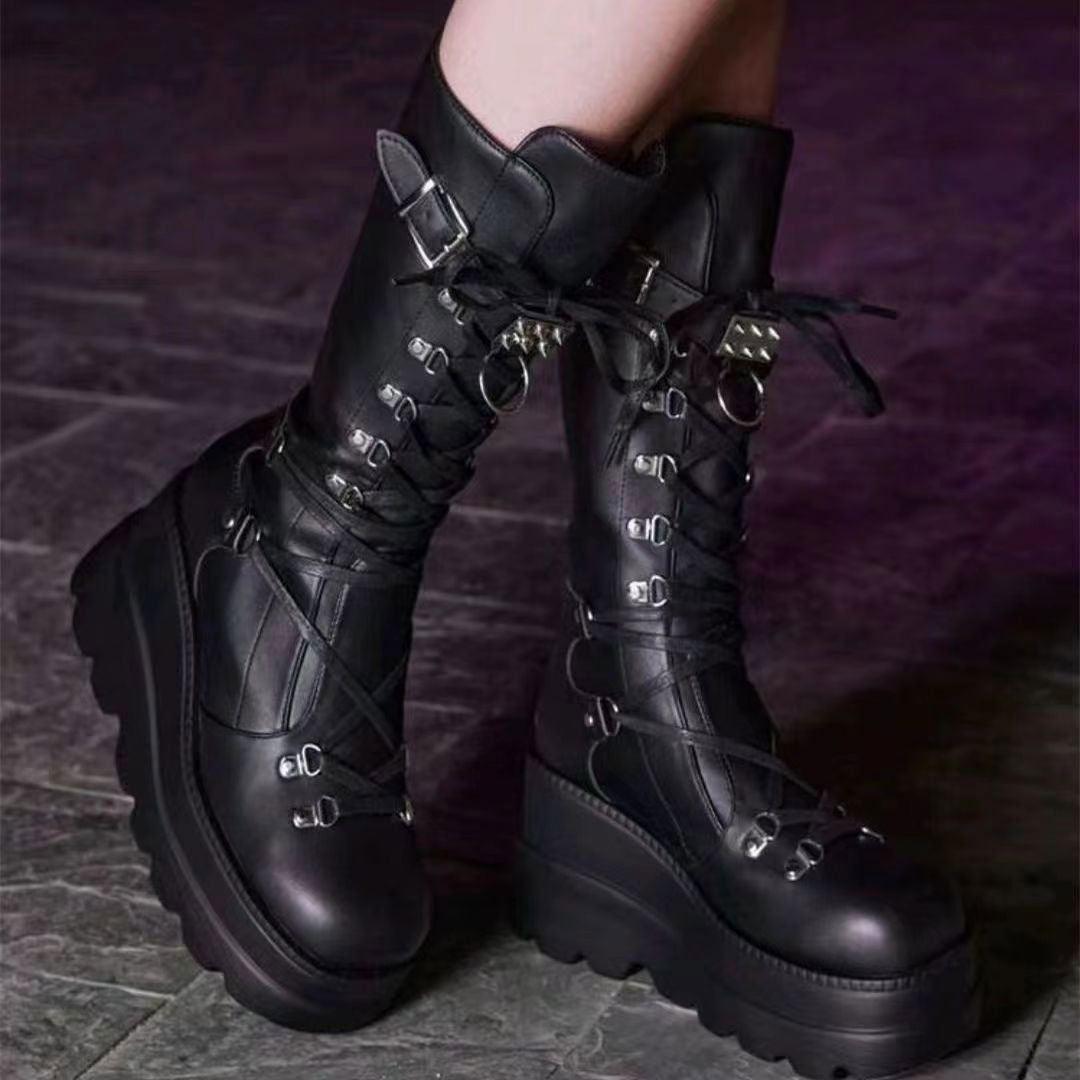 PU Leather Lace Up Wedge Boots - Clothes For Her Online Store