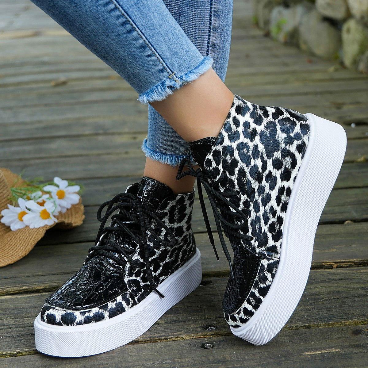 PU Leather Leopard Platform Sneakers - Clothes For Her Online Store
