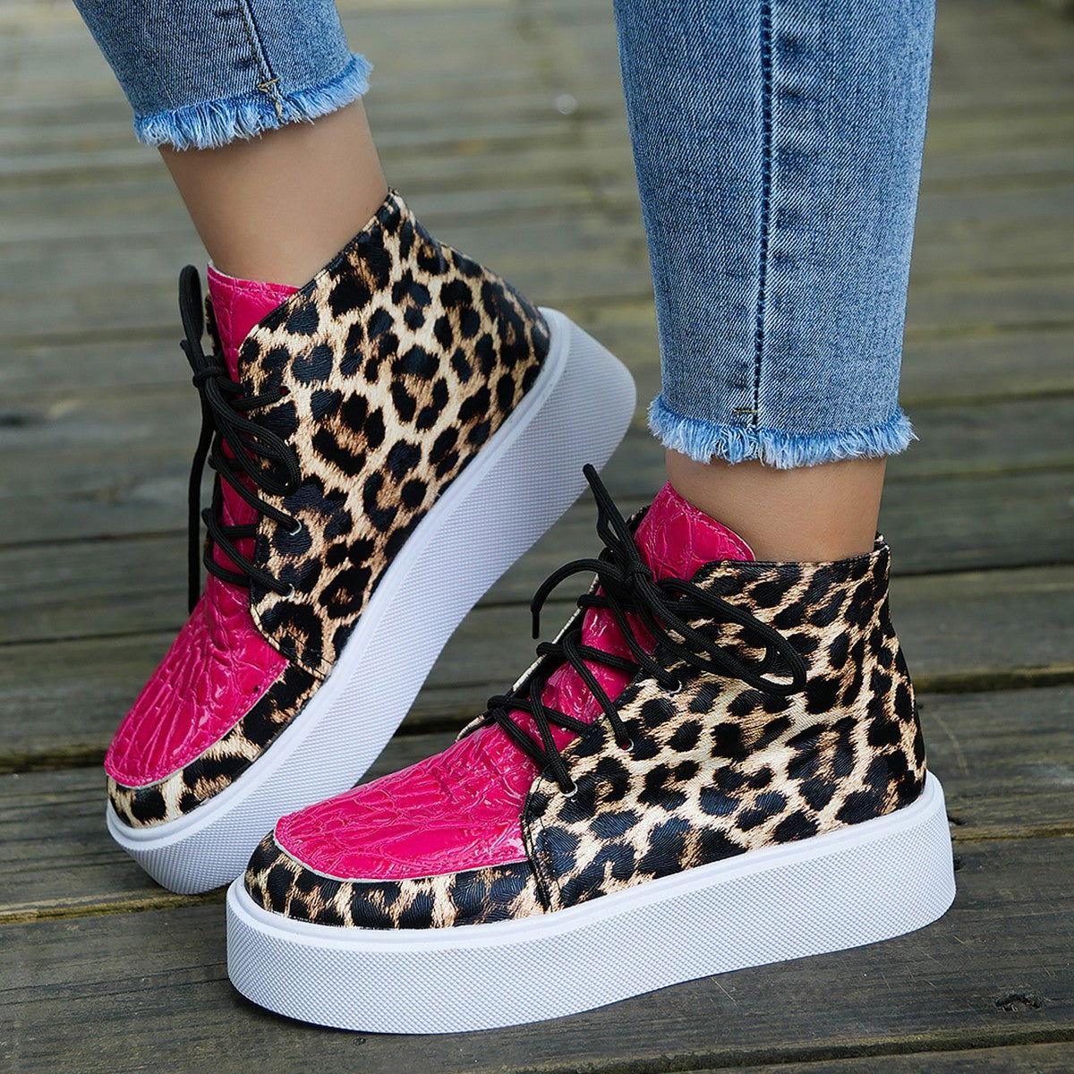 PU Leather Leopard Platform Sneakers - Clothes For Her Online Store