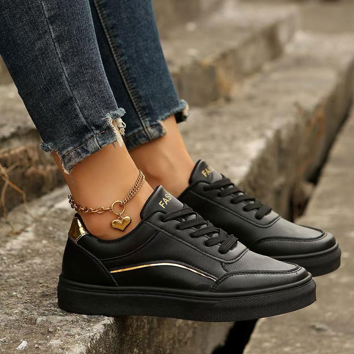 PU Leather Round Toe Flat Sneakers - Clothes For Her Online Store