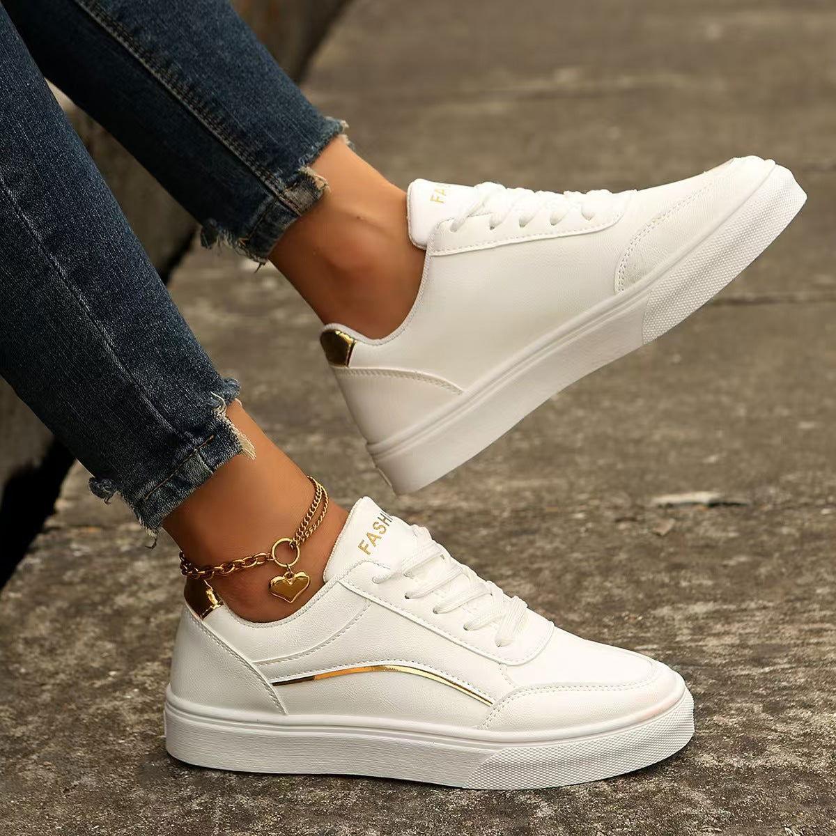 PU Leather Round Toe Flat Sneakers - Clothes For Her Online Store