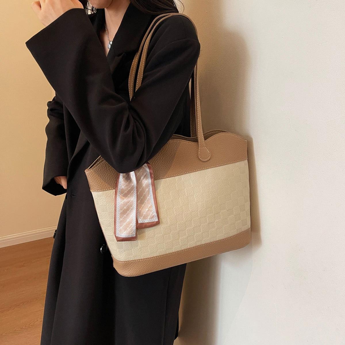 PU Leather Tied Contrast Tote Bag - Clothes For Her Online Store
