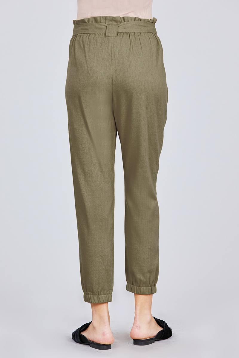 Paperbag W/bow Tie Elastic Hem Long Linen Pants - Clothes For Her Online Store