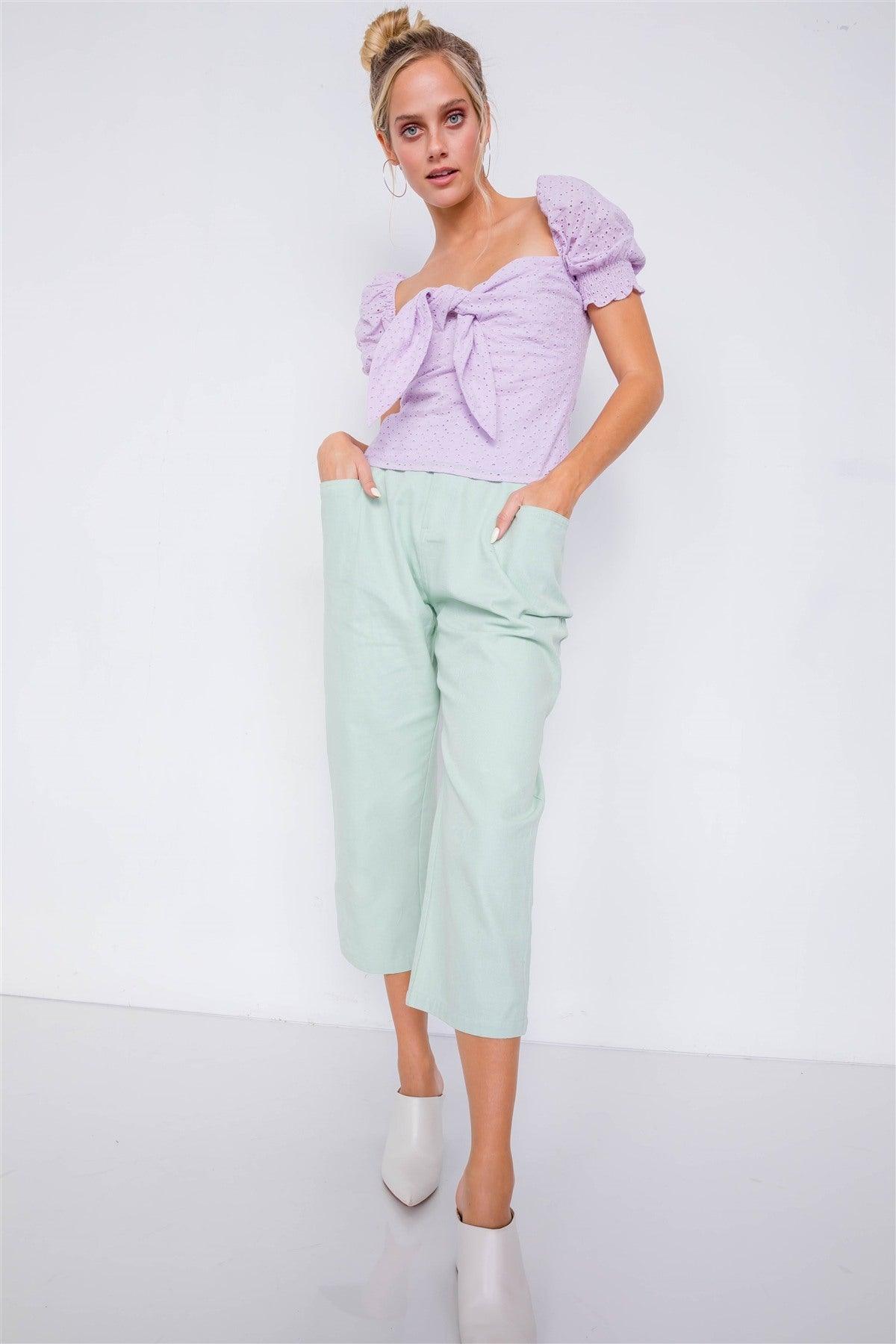 Pastel Chic Solid Ankle Wide Leg Adjustable Snap Waist Pants - Clothes For Her Online Store