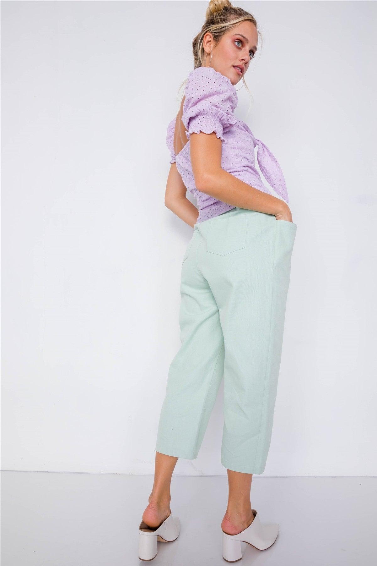 Pastel Chic Solid Ankle Wide Leg Adjustable Snap Waist Pants - Clothes For Her Online Store