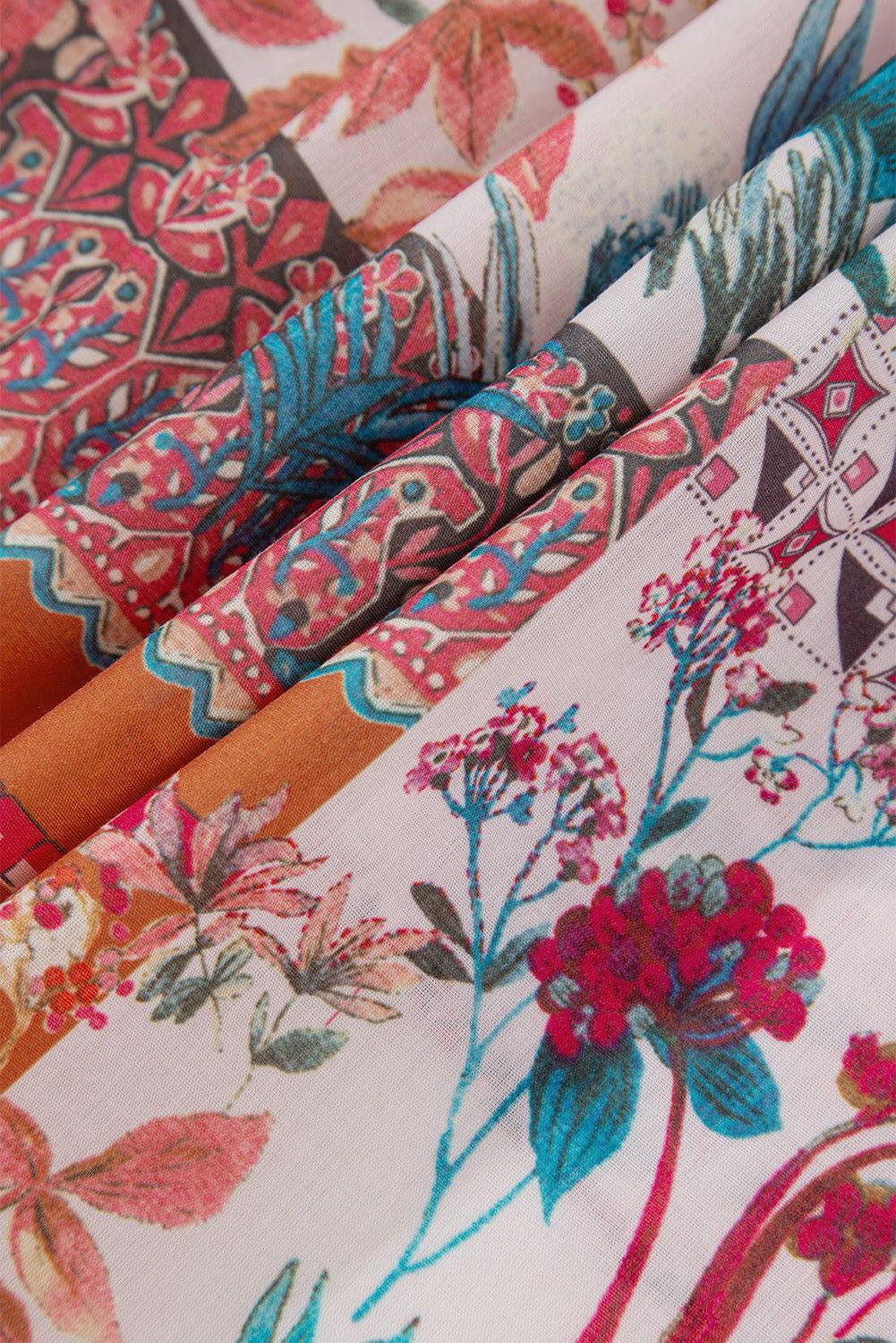 Patchwork Printed Notched Flounce Sleeve Shirt - Clothes For Her Online Store