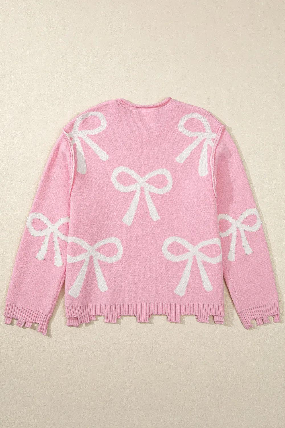 Pearl Detail Bow Round Neck Long Sleeve Sweater - Clothes For Her Online Store