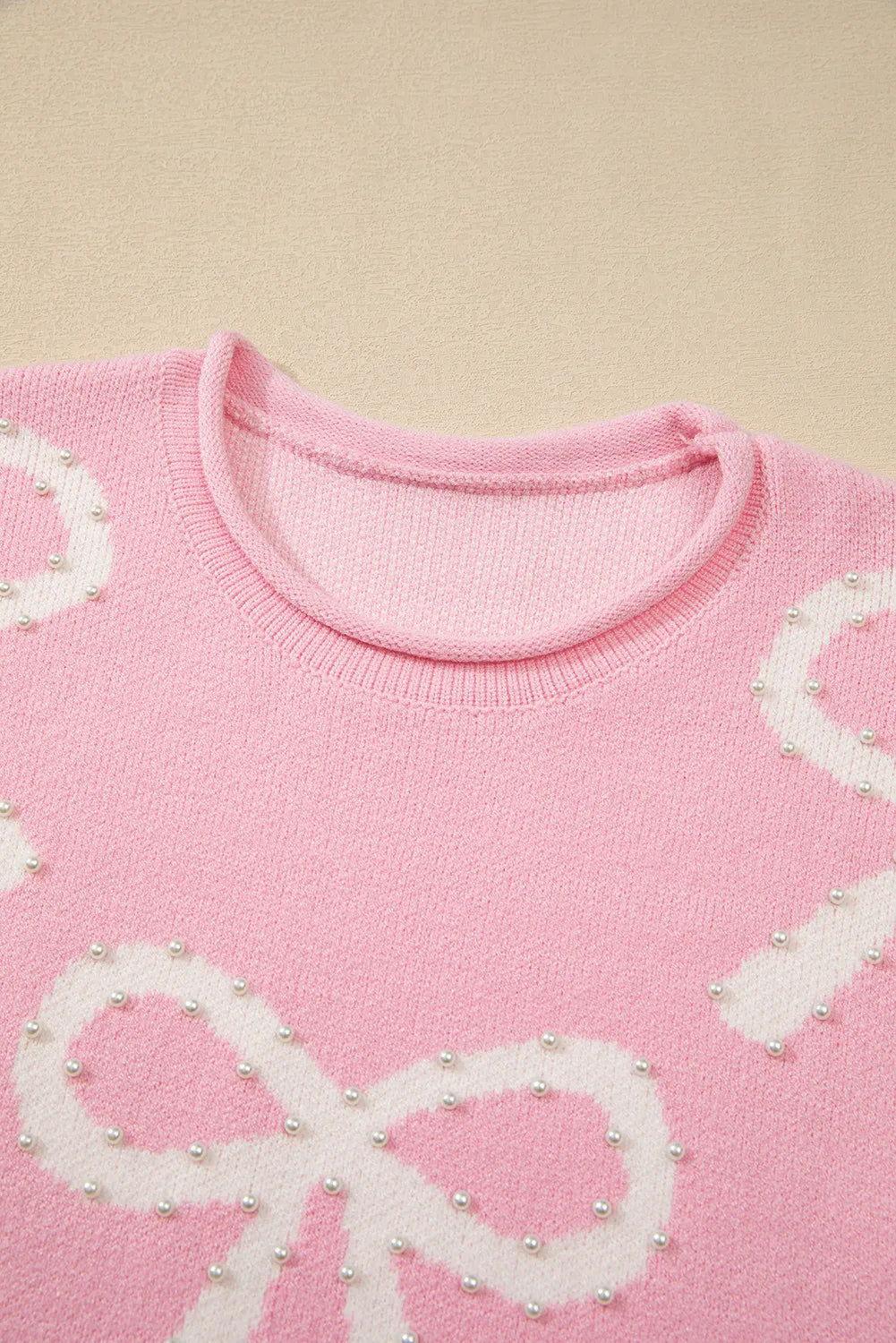 Pearl Detail Bow Round Neck Long Sleeve Sweater - Clothes For Her Online Store