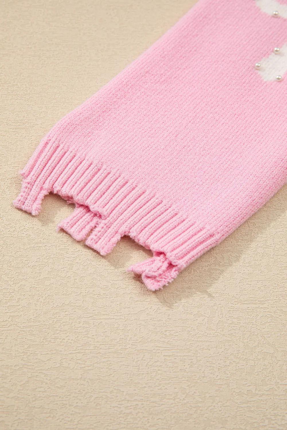 Pearl Detail Bow Round Neck Long Sleeve Sweater - Clothes For Her Online Store