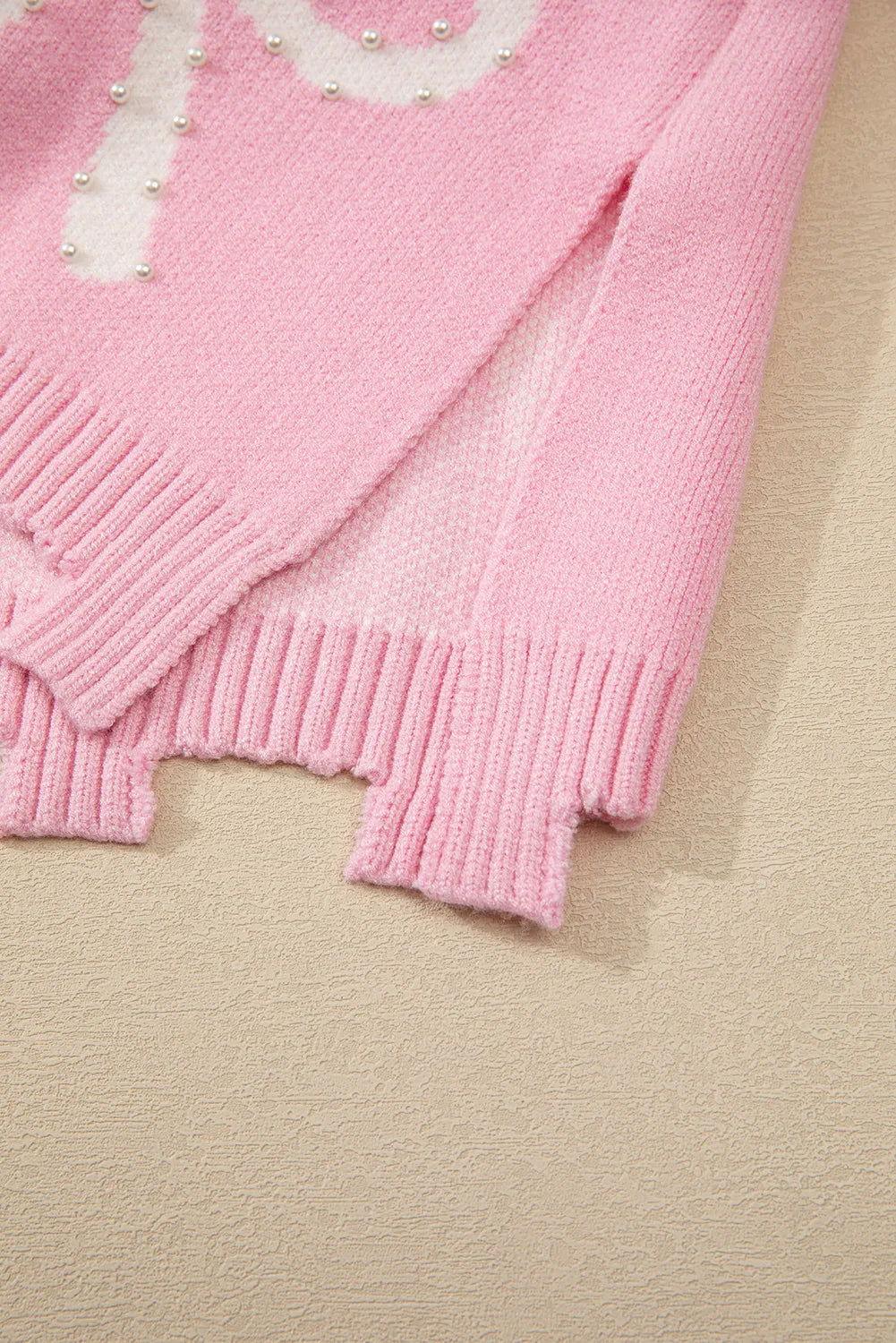 Pearl Detail Bow Round Neck Long Sleeve Sweater - Clothes For Her Online Store