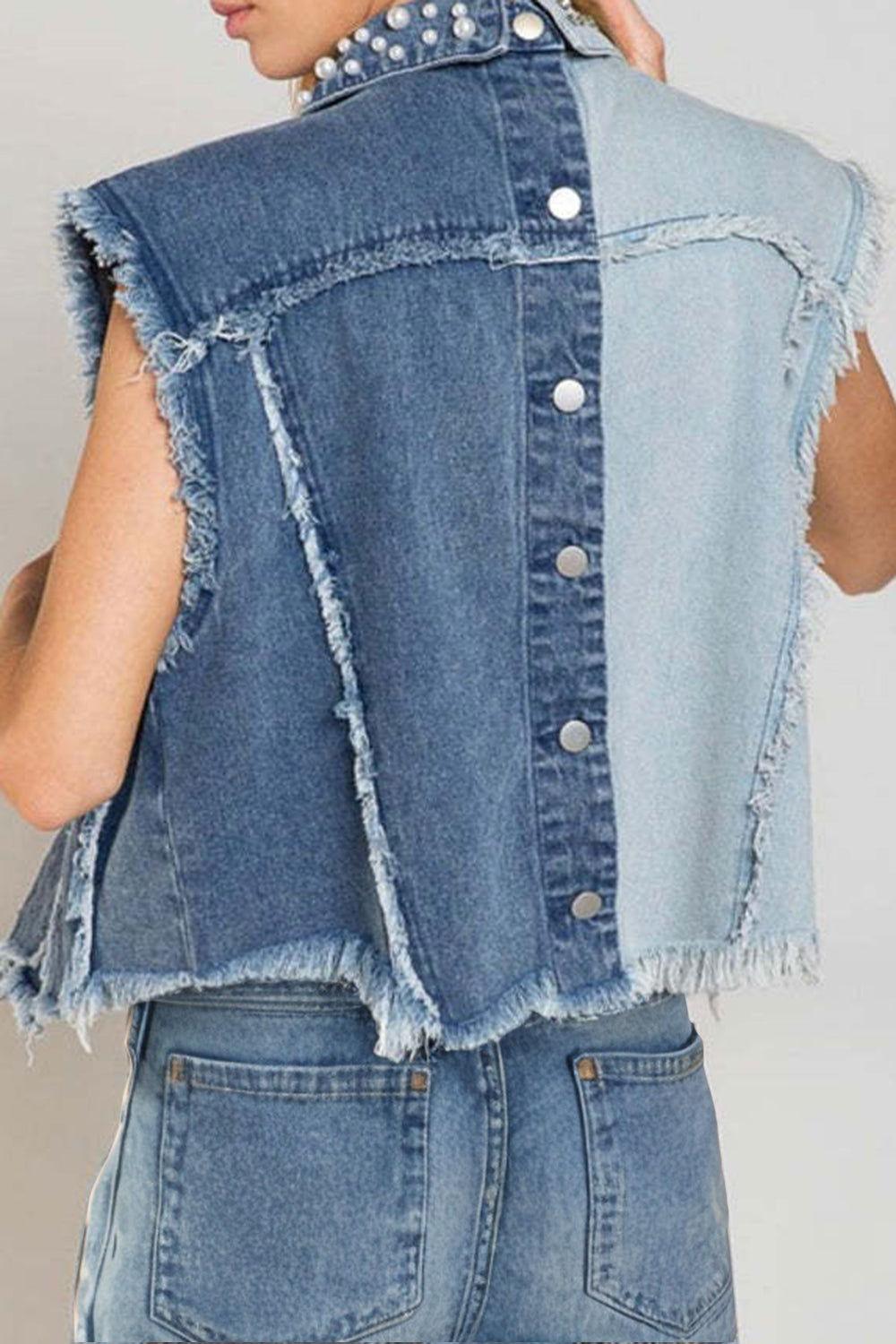 Pearl Raw Hem Sleeveless Denim Jacket - Clothes For Her Online Store