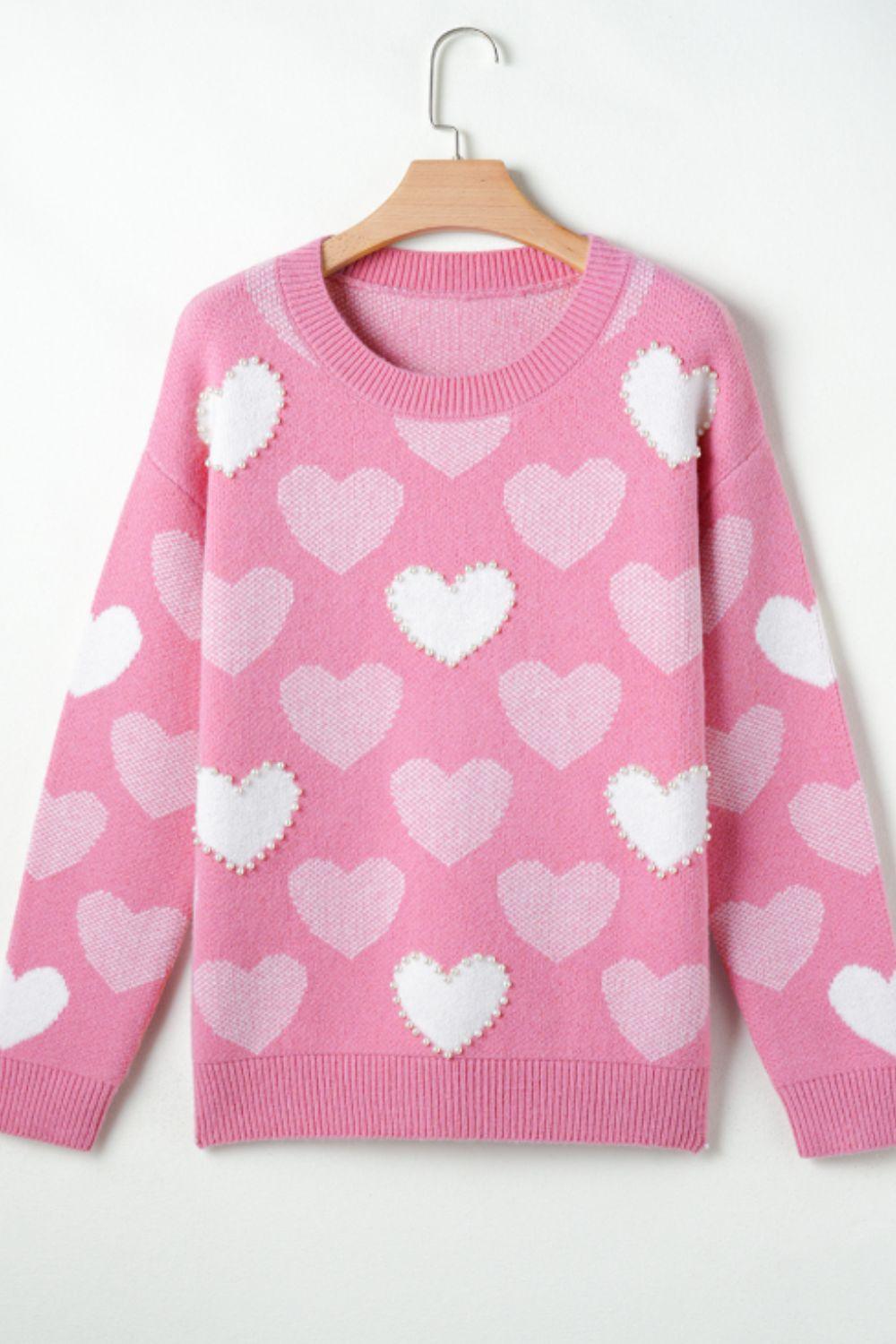 Pearl Trim Heart Round Neck Long Sleeve Sweater - Clothes For Her Online Store