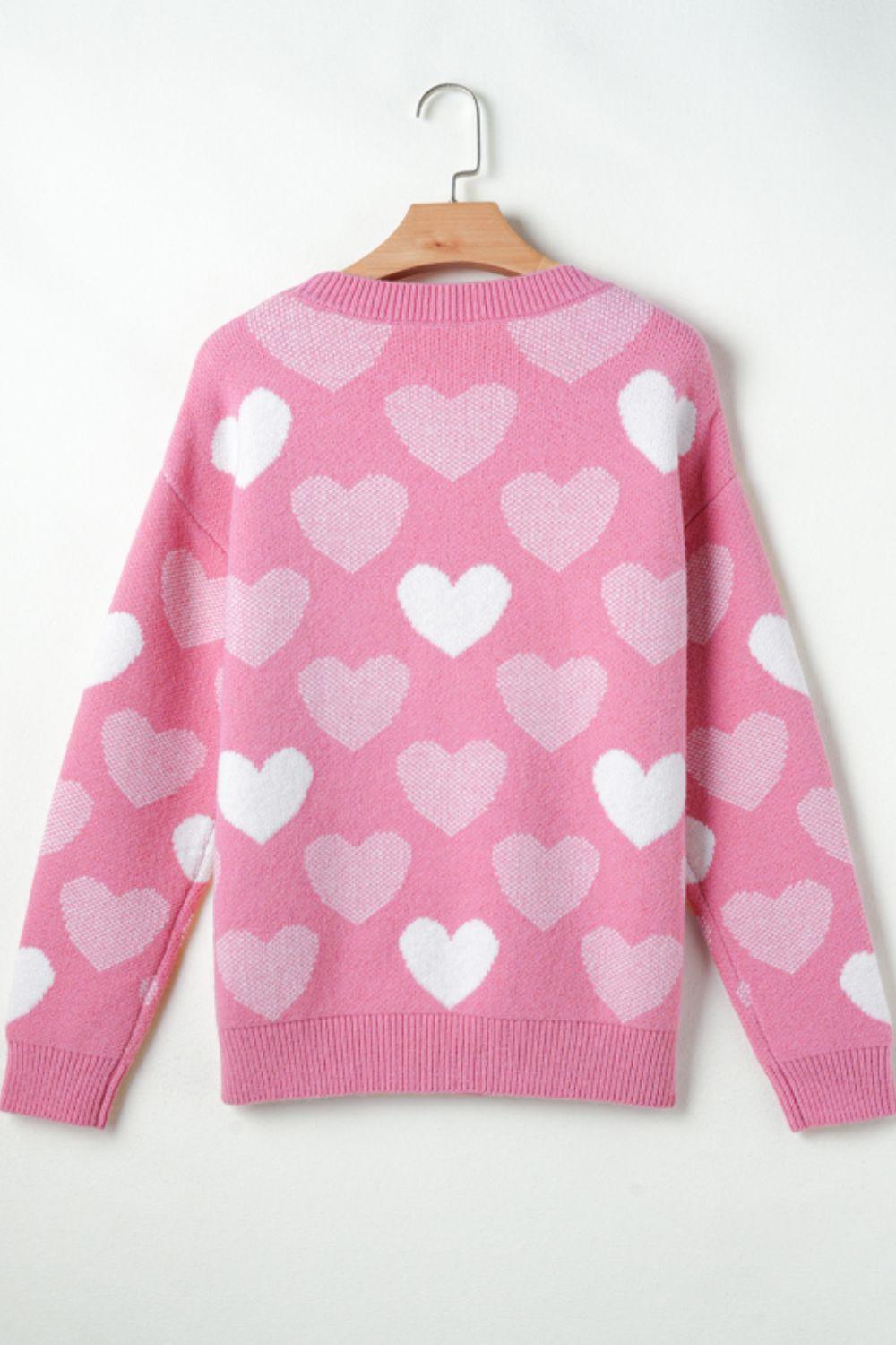 Pearl Trim Heart Round Neck Long Sleeve Sweater - Clothes For Her Online Store