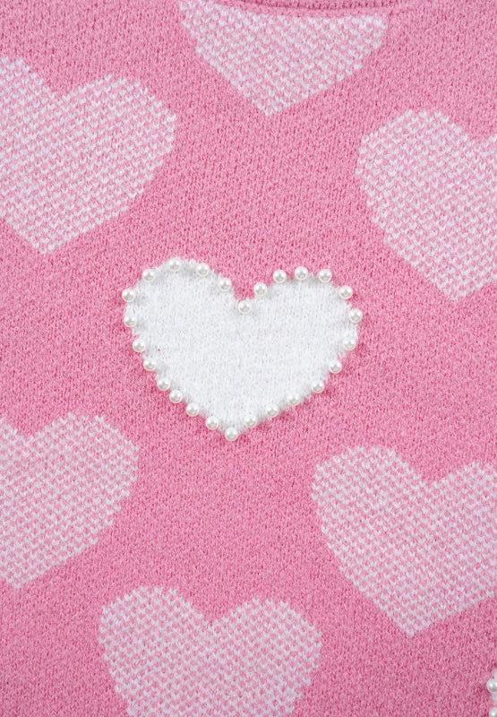 Pearl Trim Heart Round Neck Long Sleeve Sweater - Clothes For Her Online Store