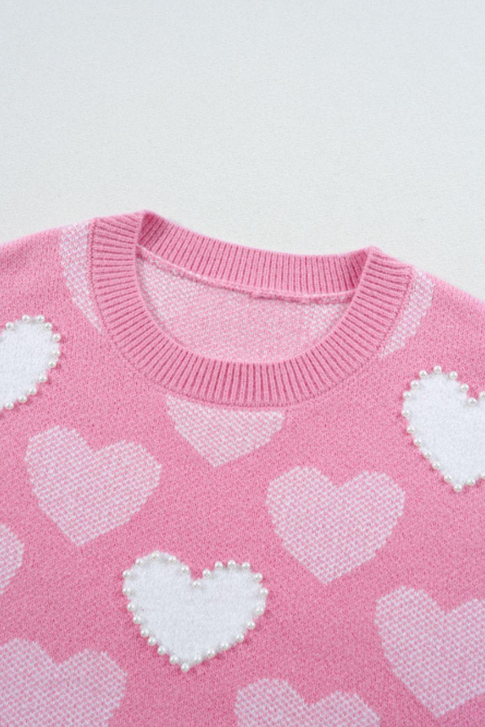 Pearl Trim Heart Round Neck Long Sleeve Sweater - Clothes For Her Online Store