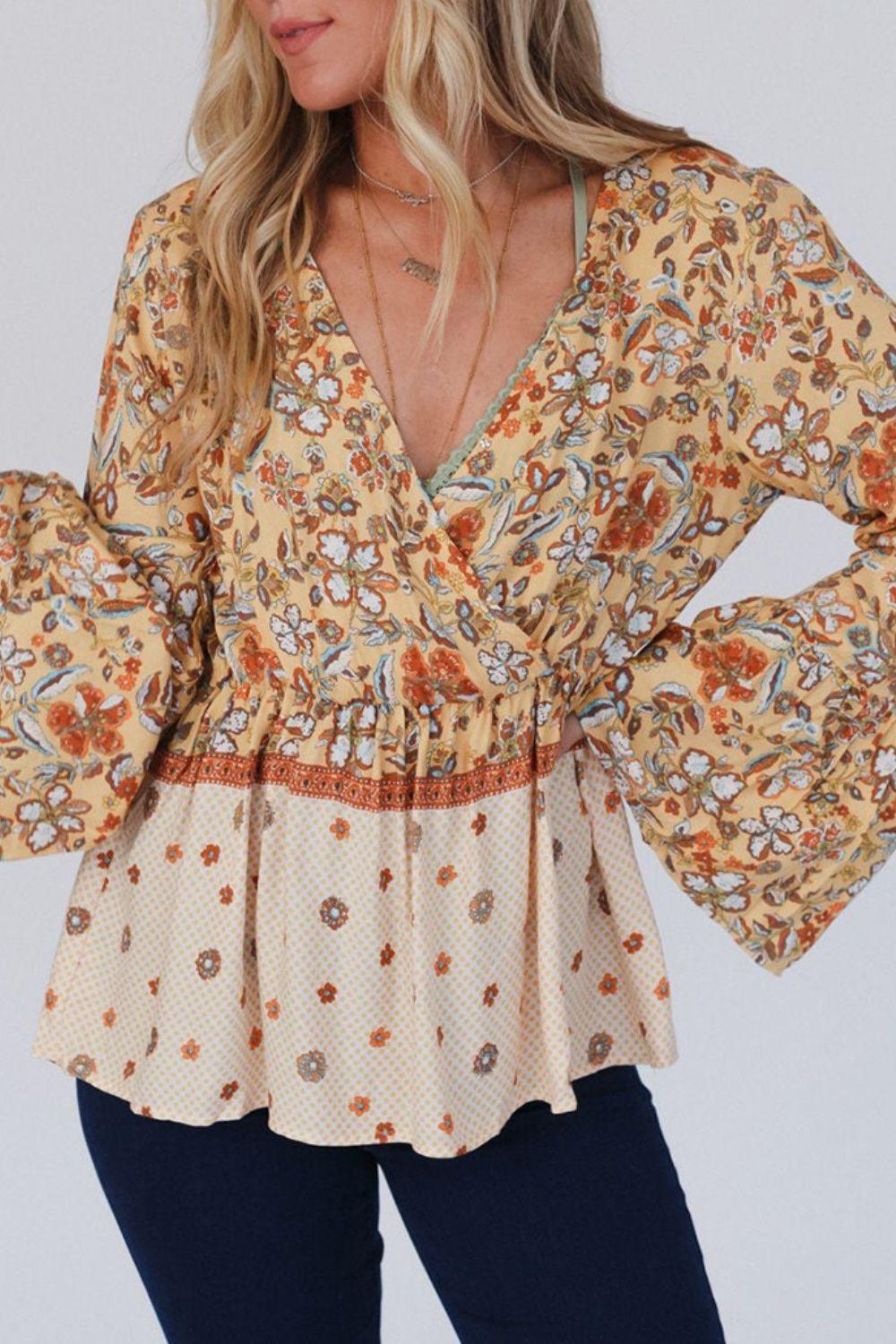 Peplum Printed Surplice Flare Sleeve Blouse - Clothes For Her Online Store