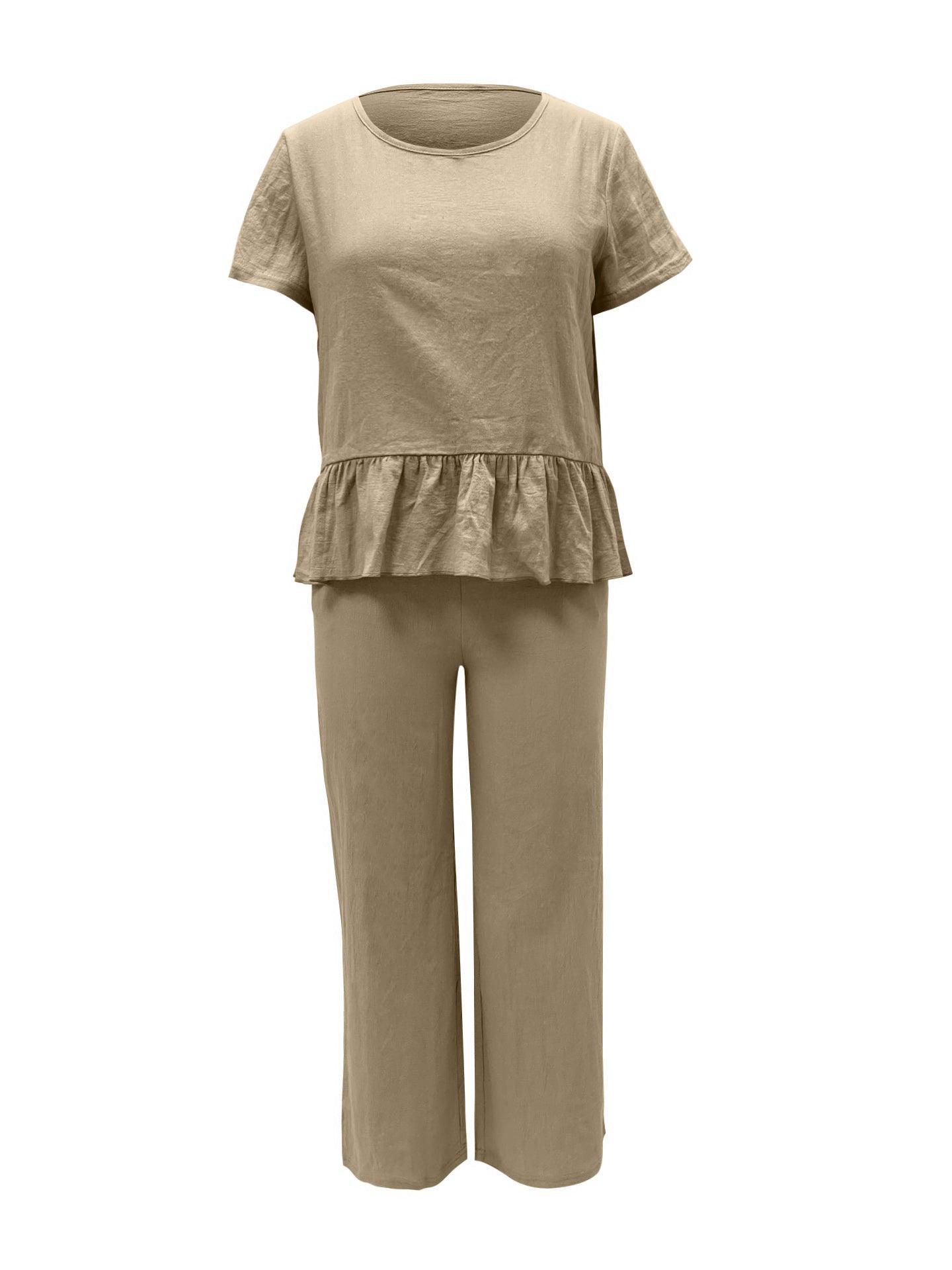 Peplum Round Neck Short Sleeve Top and Pants Set - Clothes For Her Online Store