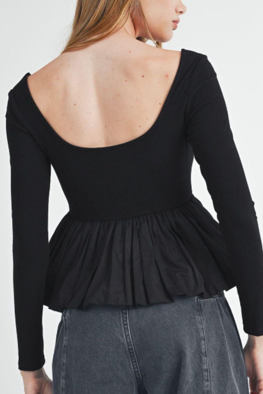 Peplum Scoop Neck Long Sleeve T-Shirt - Clothes For Her Online Store