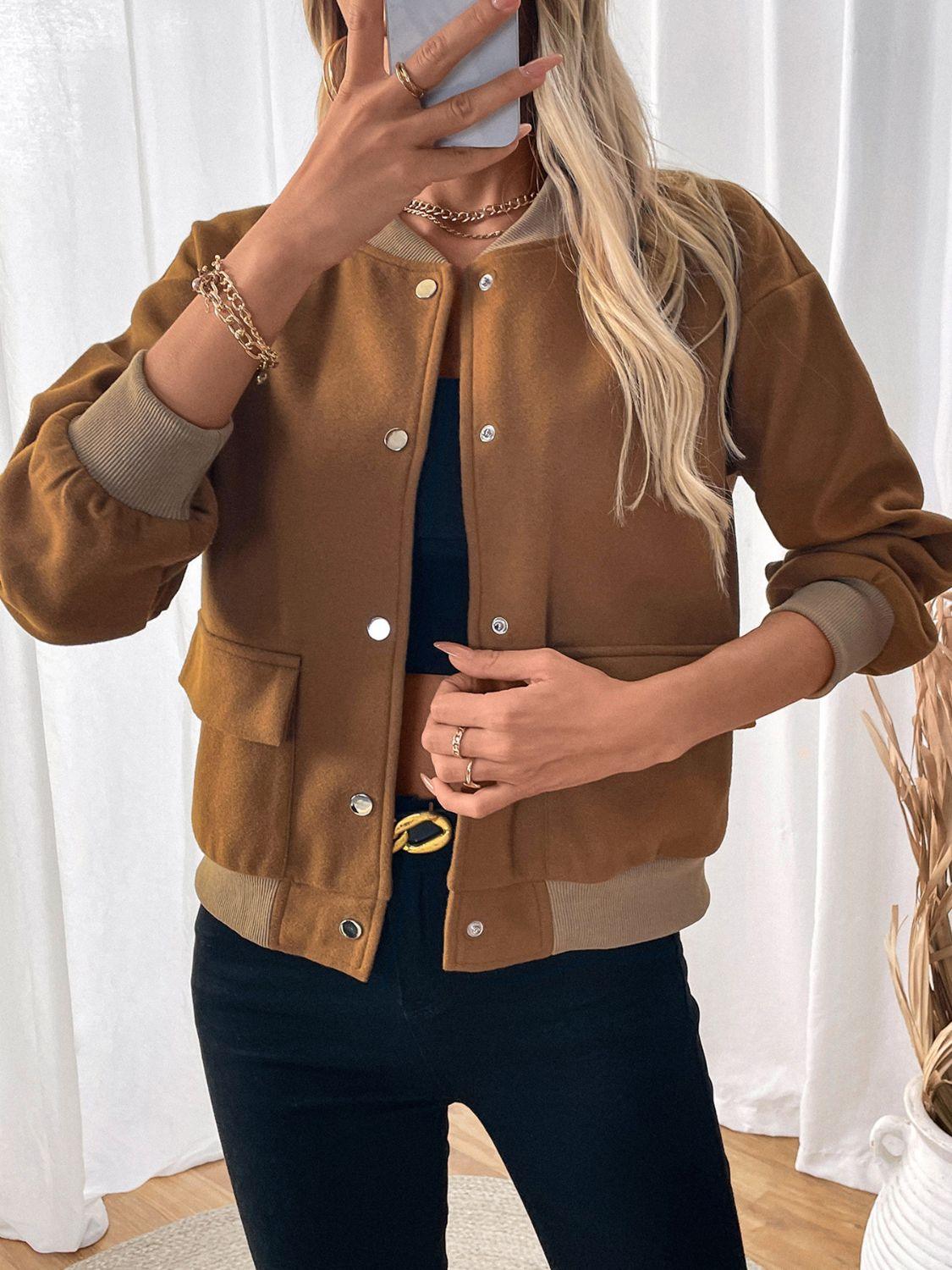 Perfee Baseball Collar Snap Down Long Sleeve Jacket - Clothes For Her Online Store