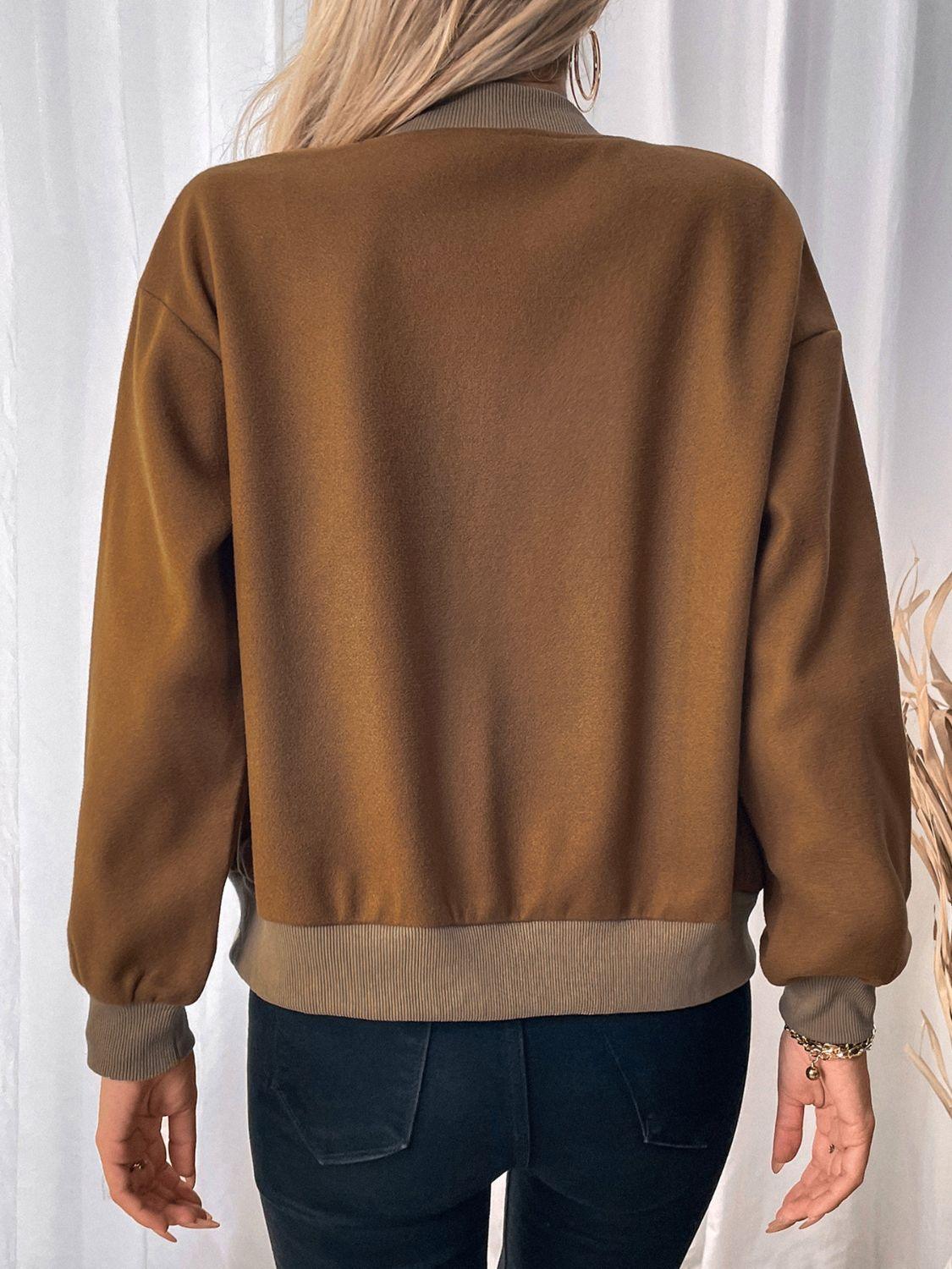 Perfee Baseball Collar Snap Down Long Sleeve Jacket - Clothes For Her Online Store