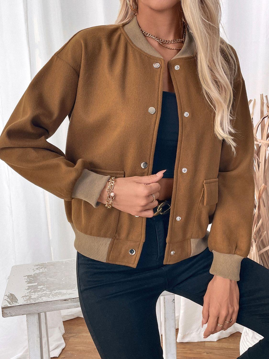 Perfee Baseball Collar Snap Down Long Sleeve Jacket - Clothes For Her Online Store