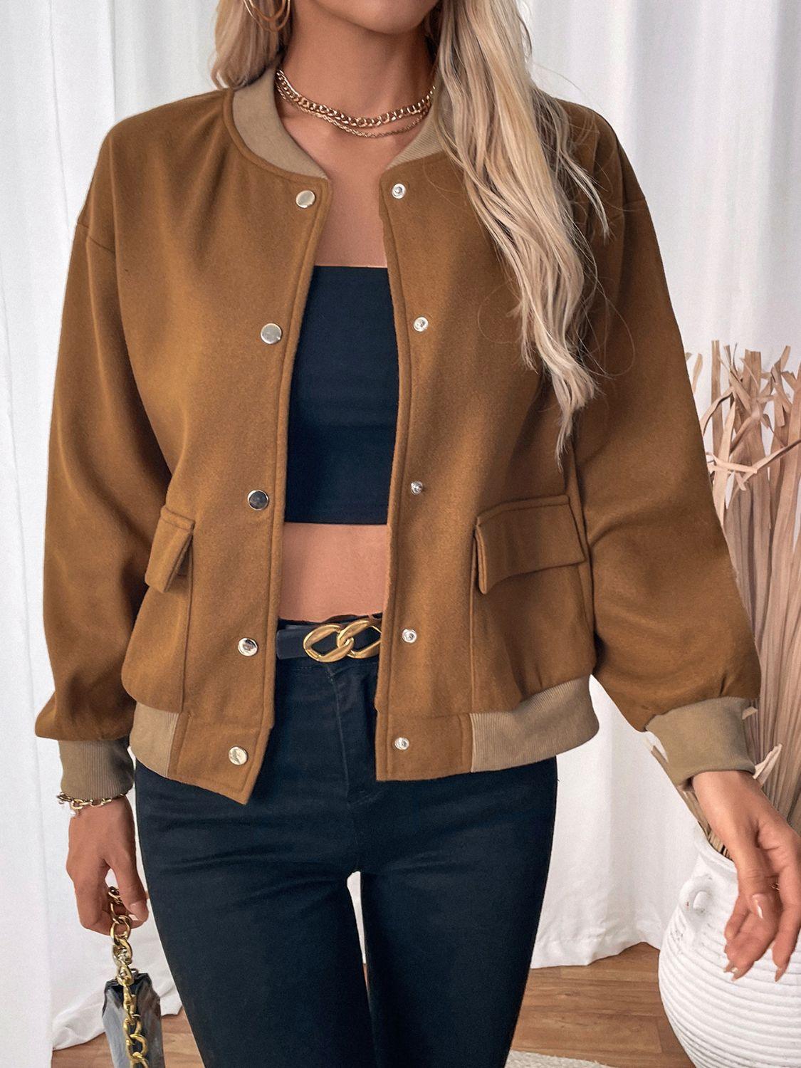 Perfee Baseball Collar Snap Down Long Sleeve Jacket - Clothes For Her Online Store