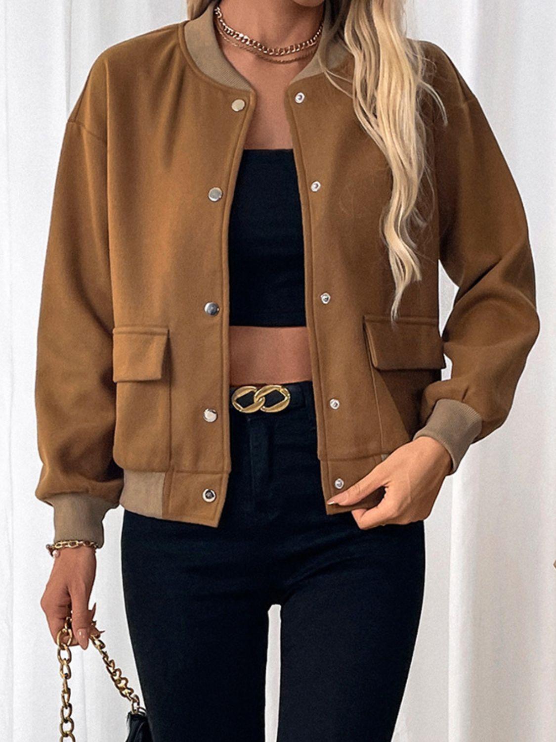 Perfee Baseball Collar Snap Down Long Sleeve Jacket - Clothes For Her Online Store
