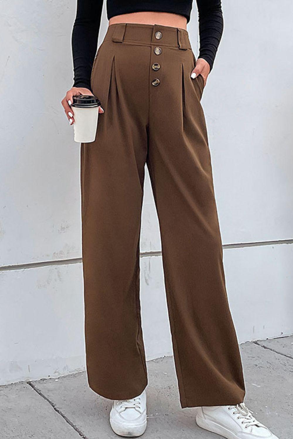 Perfee Button-Fly Pleated Waist Wide Leg Pants with Pockets - Clothes For Her Online Store