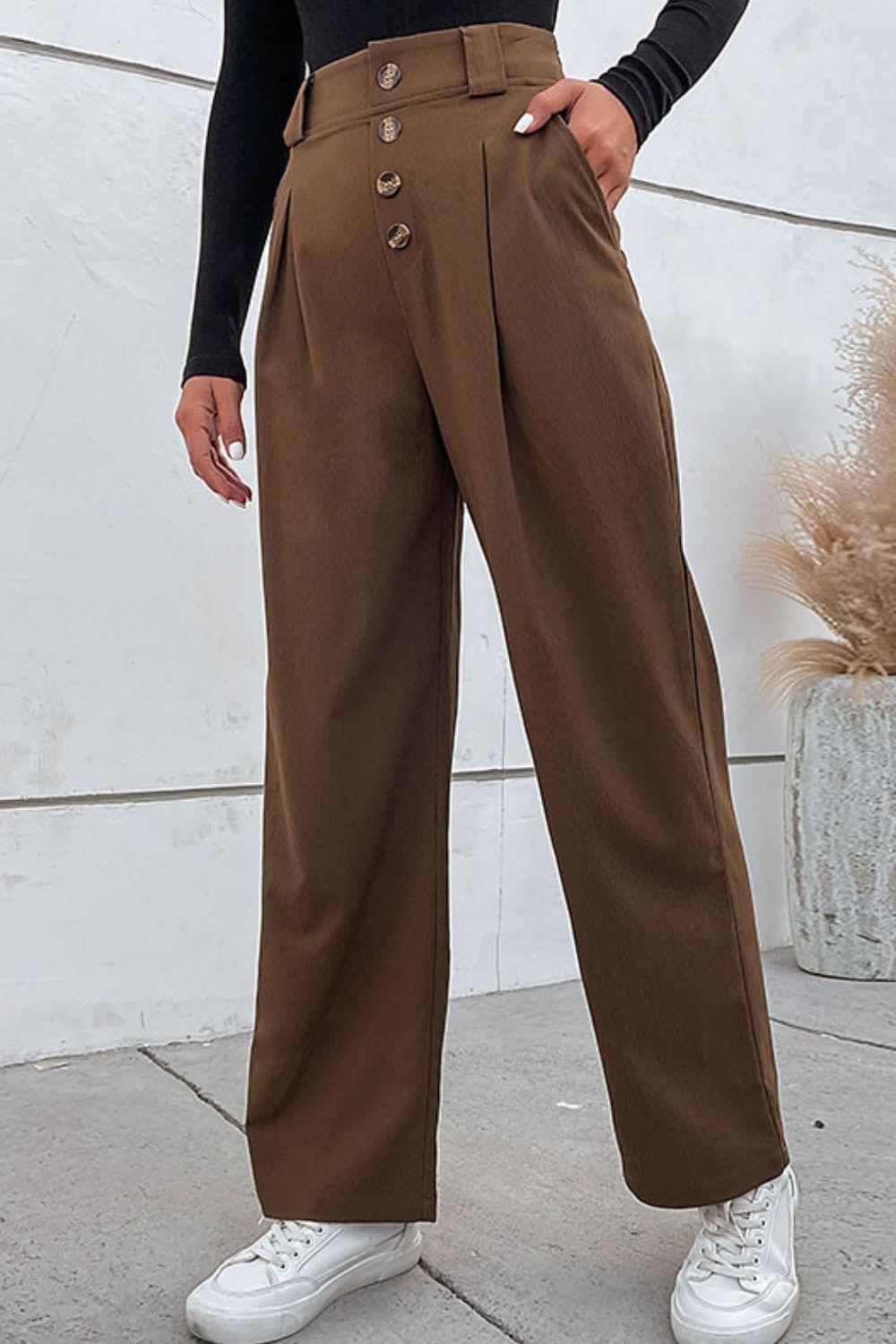 Perfee Button-Fly Pleated Waist Wide Leg Pants with Pockets - Clothes For Her Online Store