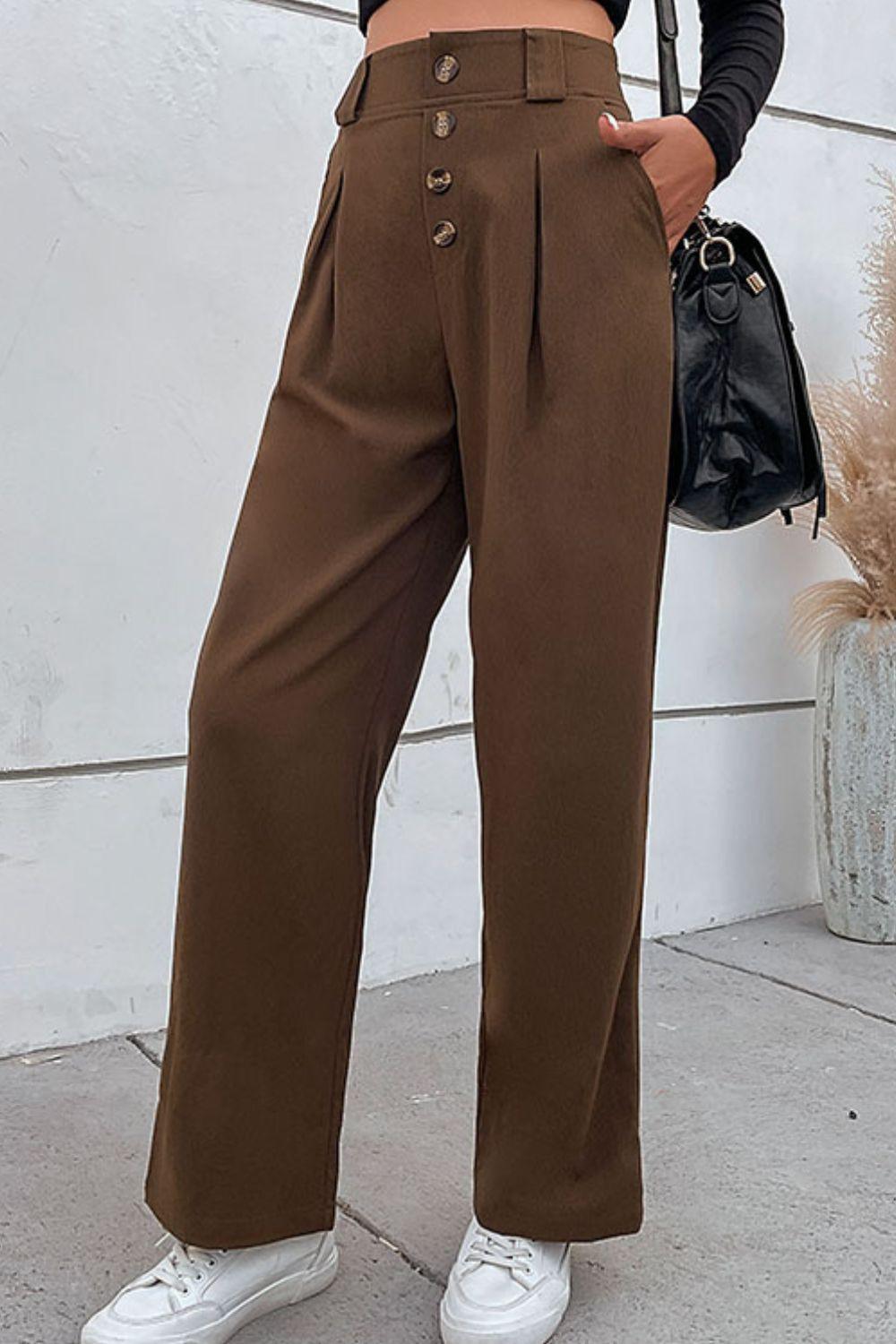 Perfee Button-Fly Pleated Waist Wide Leg Pants with Pockets - Clothes For Her Online Store