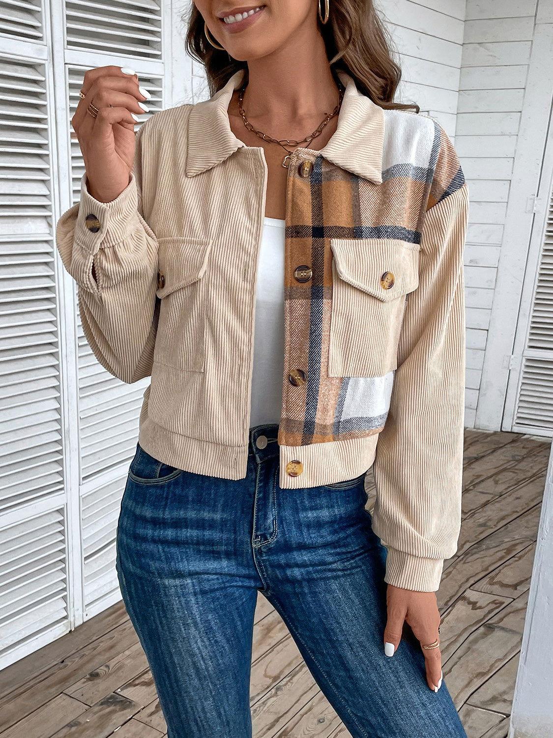 Perfee Color Block Collared Neck Button-Up Jacket - Clothes For Her Online Store